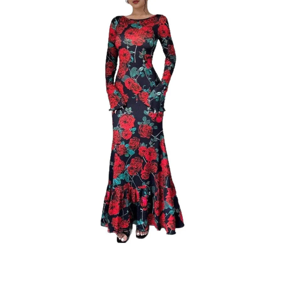 Damen Elegantes Maxikleid mit floralen Rüschendetails und langem Arm - Image 4