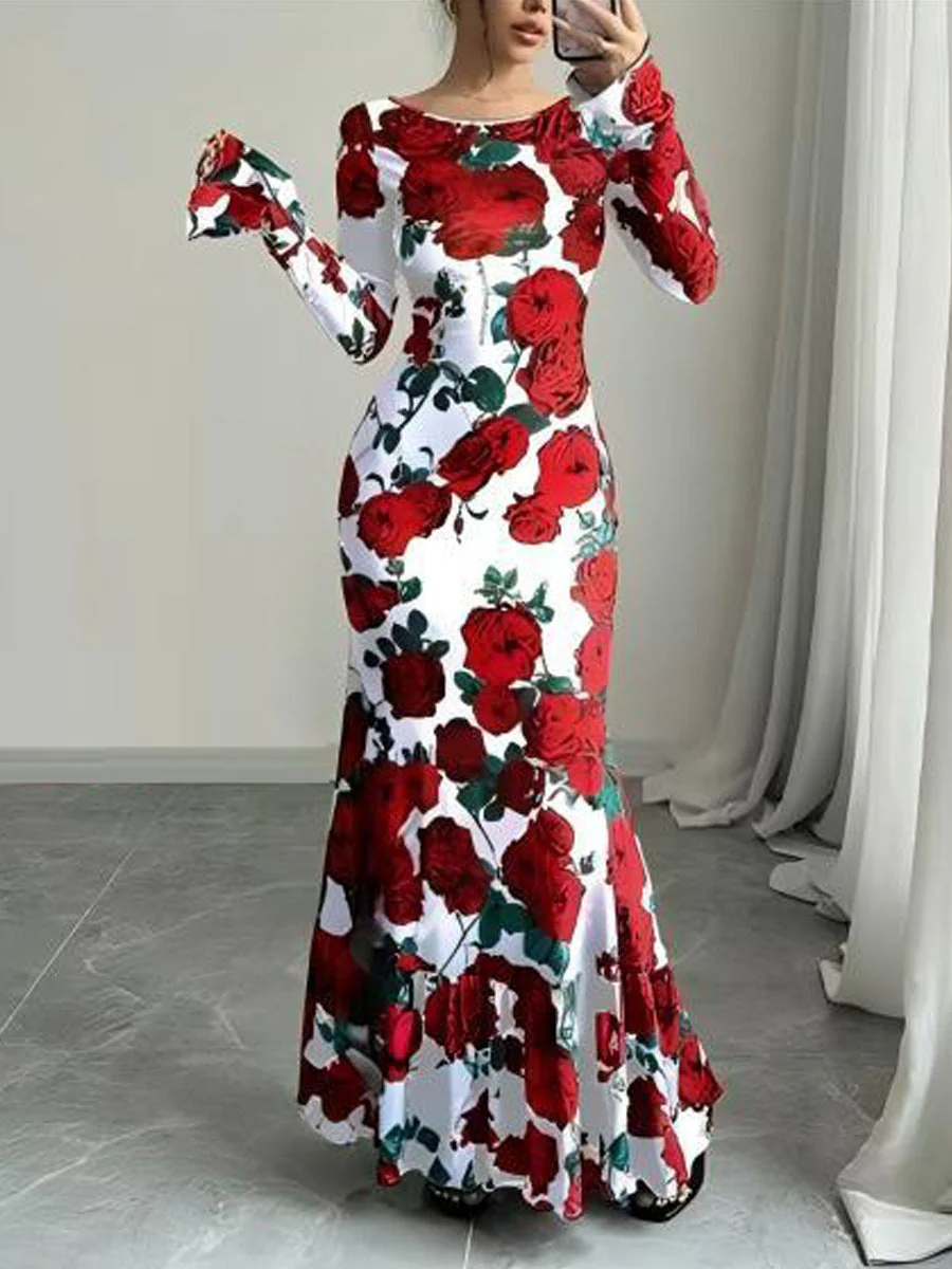 Damen Elegantes Maxikleid mit floralen Rüschendetails und langem Arm - Image 5