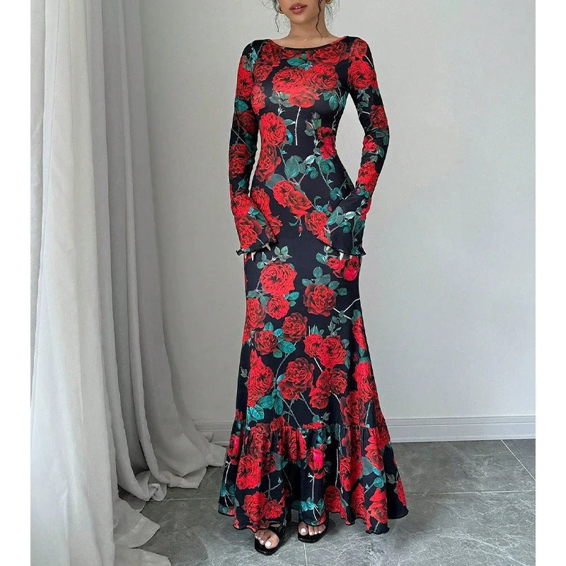 Damen Elegantes Maxikleid mit floralen Rüschendetails und langem Arm - Image 6