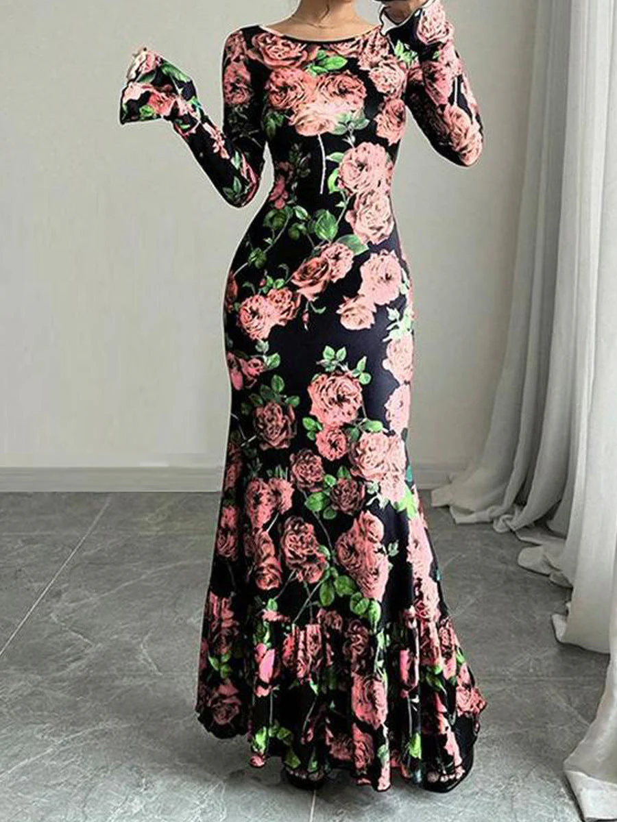 Damen Elegantes Maxikleid mit floralen Rüschendetails und langem Arm - Image 7