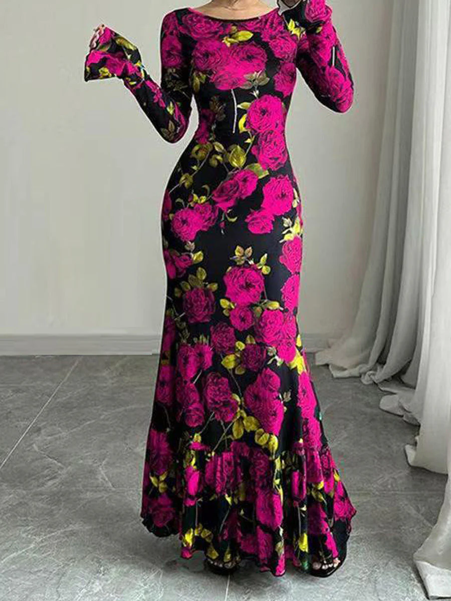 Damen Elegantes Maxikleid mit floralen Rüschendetails und langem Arm - Image 8