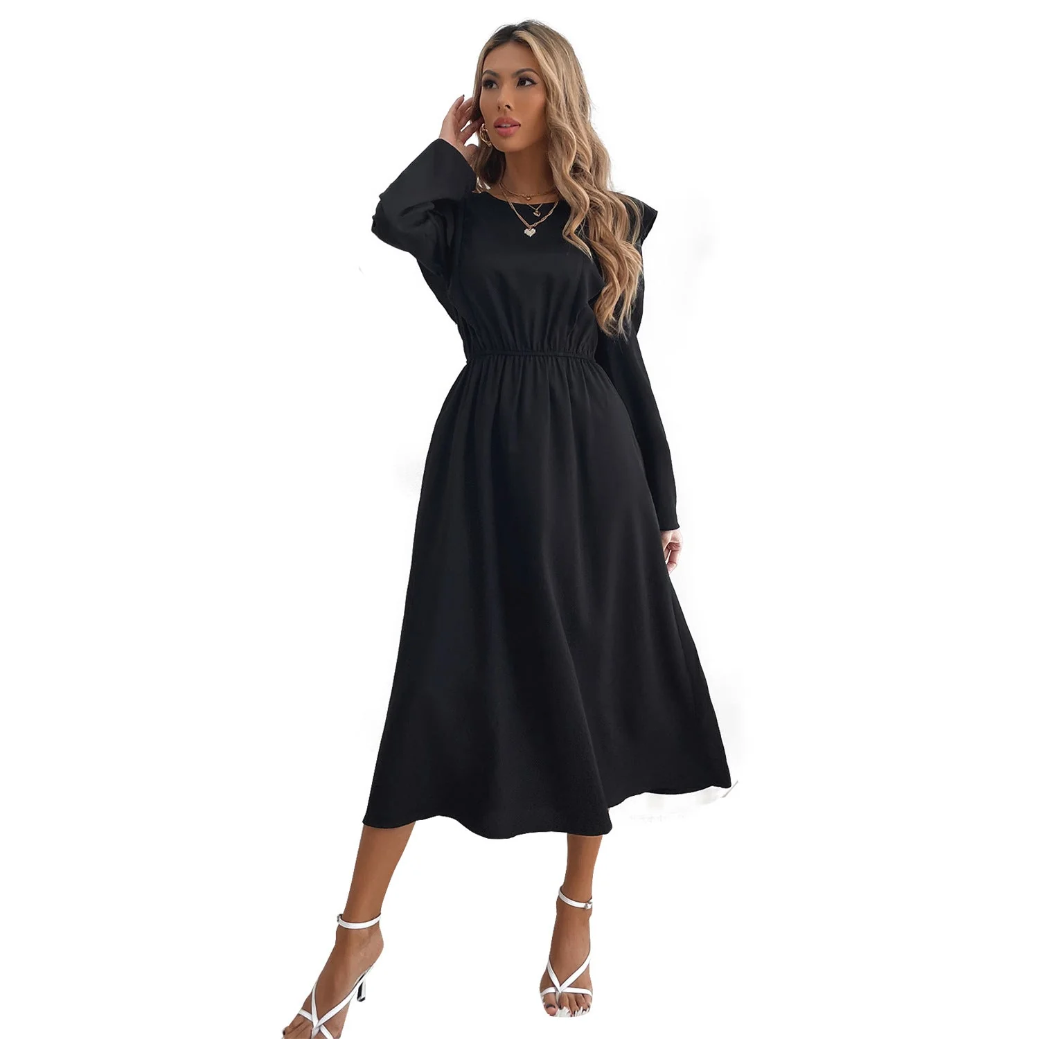Damen elegantes Maxikleid mit Rüschendetails und elastischem Taillenbund - Image 2
