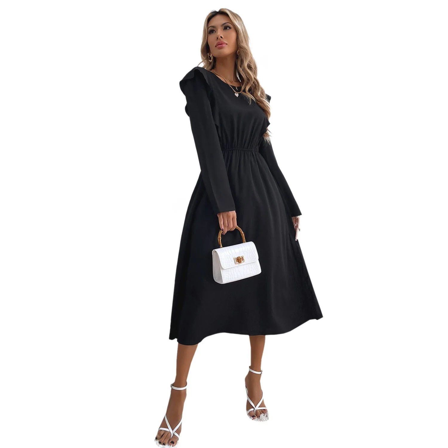 Damen elegantes Maxikleid mit Rüschendetails und elastischem Taillenbund - Image 3