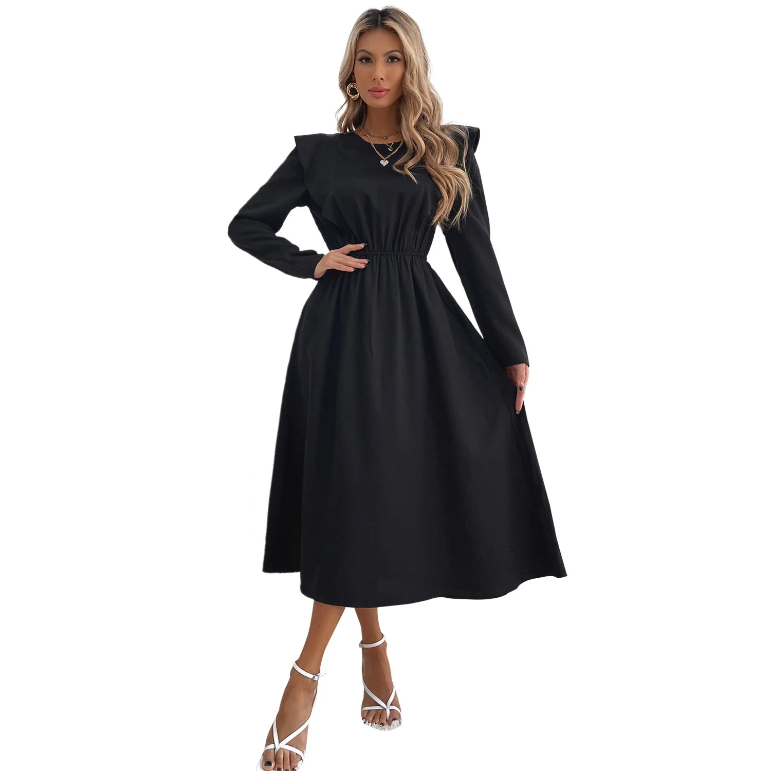 Damen elegantes Maxikleid mit Rüschendetails und elastischem Taillenbund - Image 4