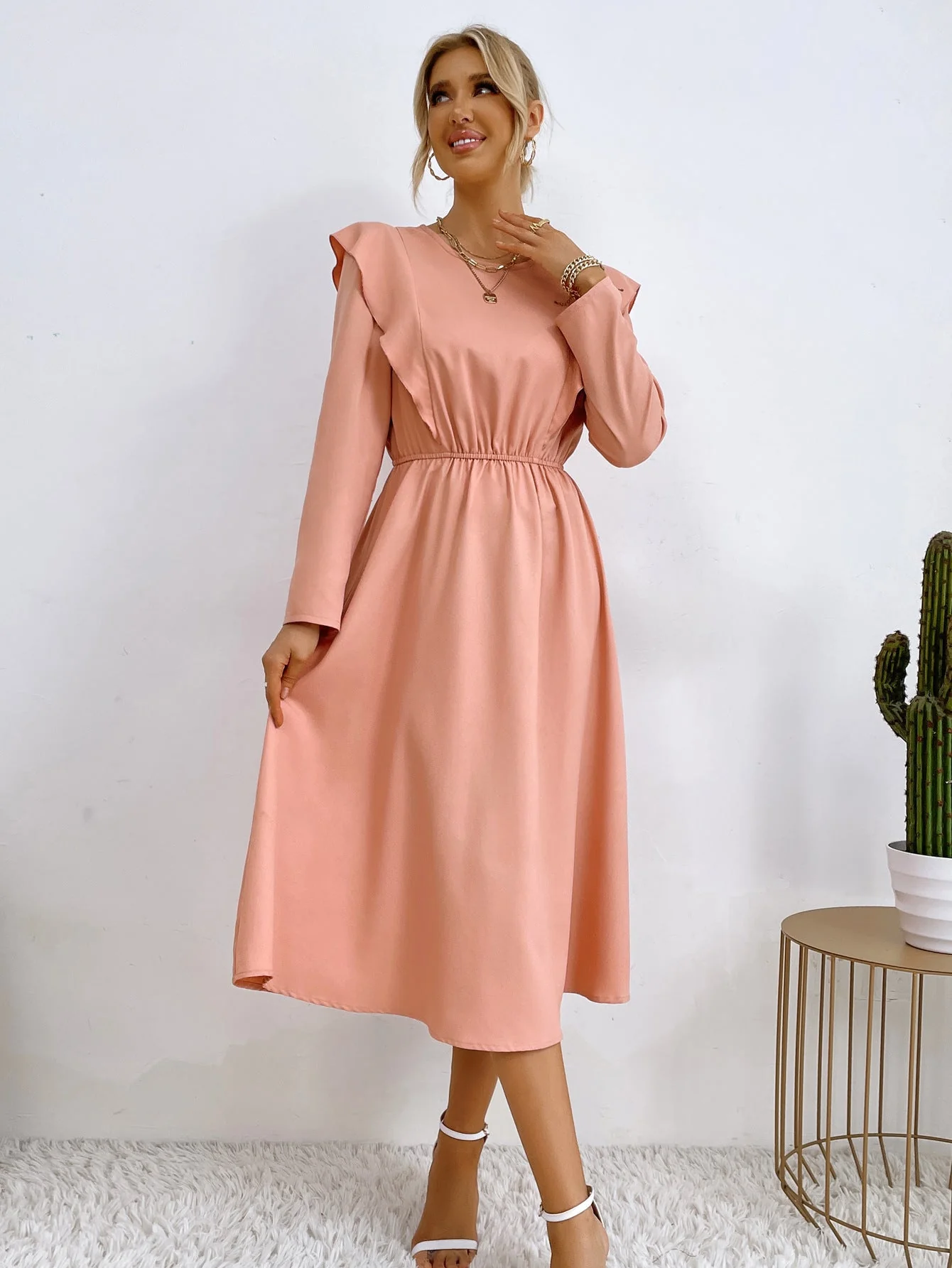 Damen elegantes Maxikleid mit Rüschendetails und elastischem Taillenbund - Image 5