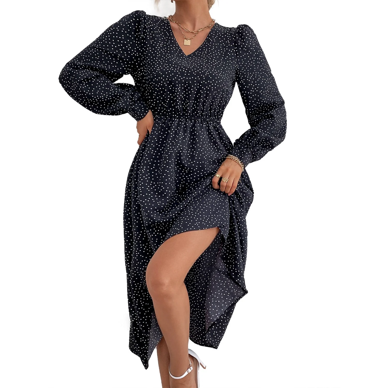 Damen elegantes Maxikleid mit V-Ausschnitt und voluminösen Ärmeln - Image 2