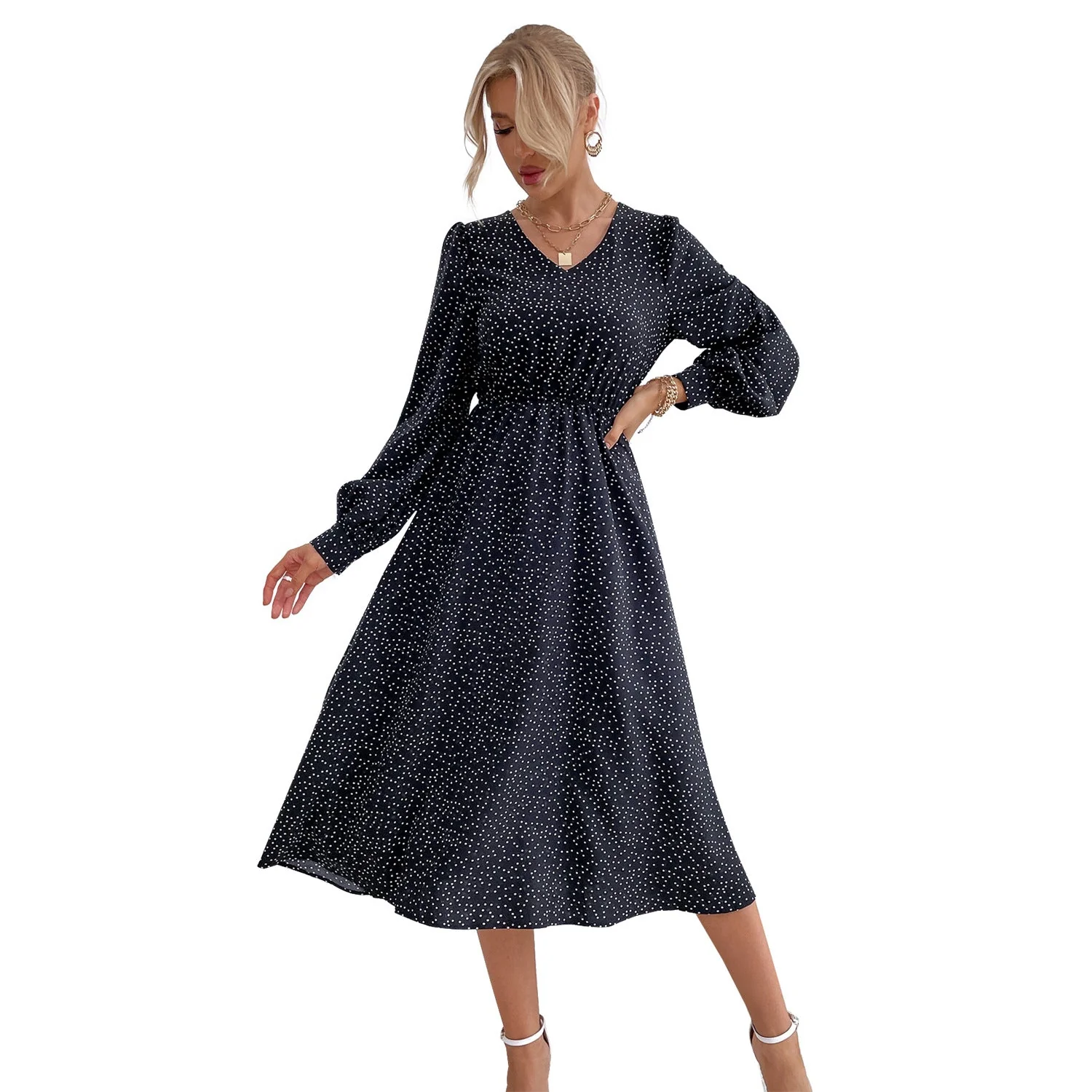 Damen elegantes Maxikleid mit V-Ausschnitt und voluminösen Ärmeln - Image 4
