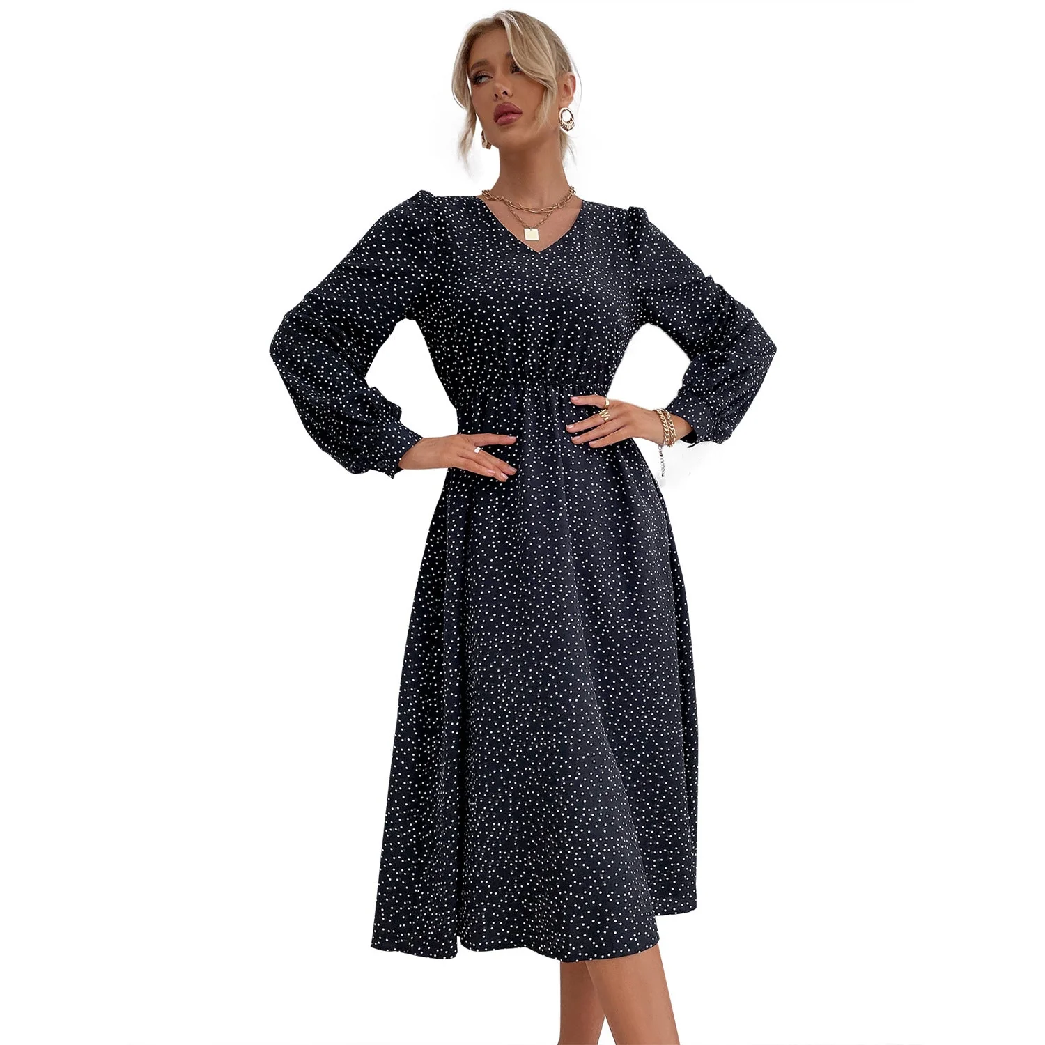 Damen elegantes Maxikleid mit V-Ausschnitt und voluminösen Ärmeln - Image 5