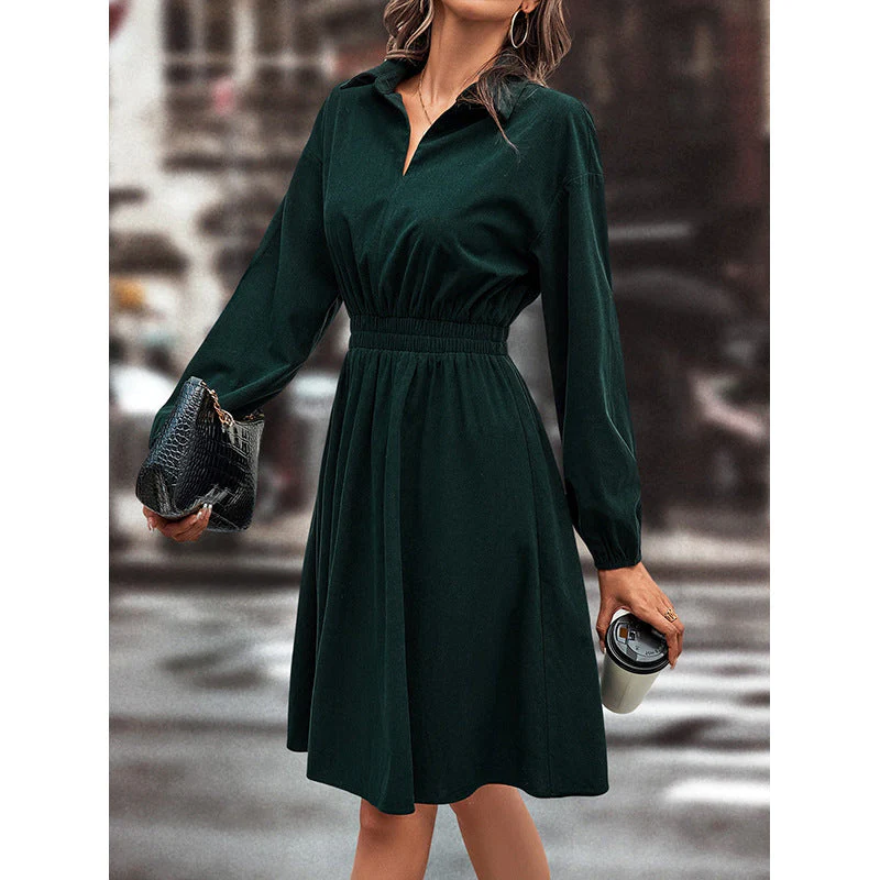 Damen elegantes Midi-Kleid mit Taillengummi und Puffärmeln - Image 2