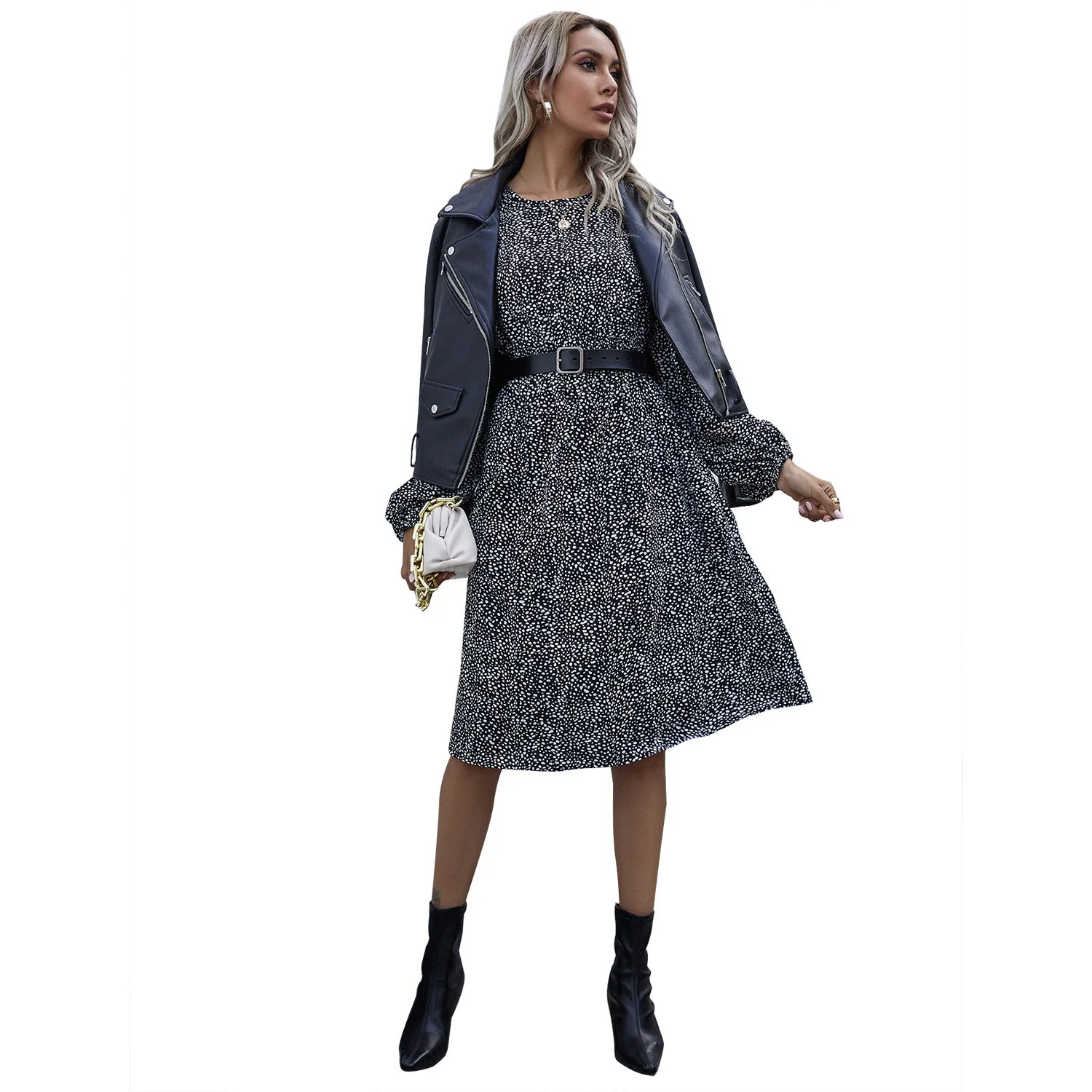Damen elegantes Midikleid mit langen Puffärmeln und elastischem Taillenband - Image 2