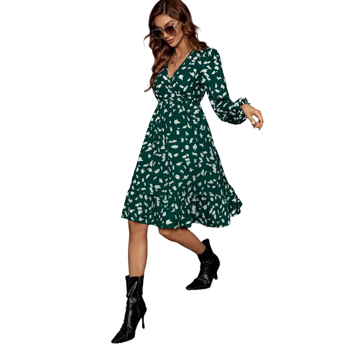 Damen elegantes Midikleid mit V-Ausschnitt und voluminösen Ärmeln - Image 2