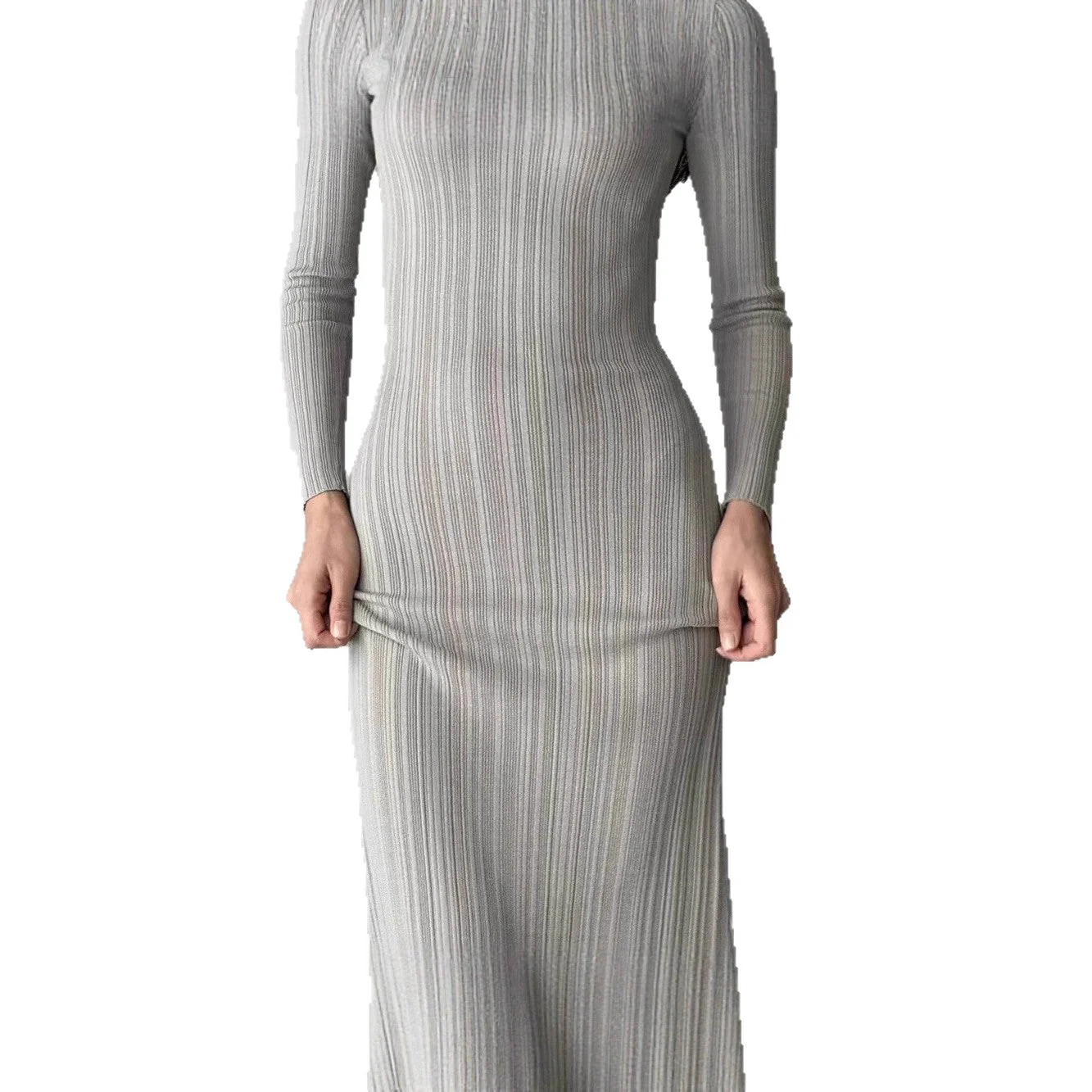 Damen Elegantes Rippstrick-Maxikleid mit langen Ärmeln und figurbetontem Schnitt - Image 4