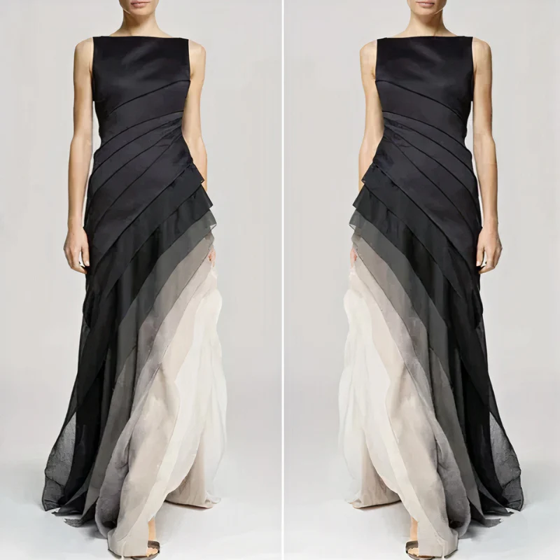 Damen elegantes schwarz-weißes Abendkleid | Maxi