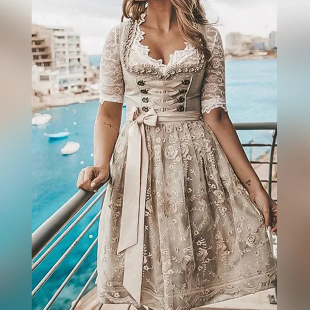 Damen Elegantes Spitzen Dirndl Kleid | Midi