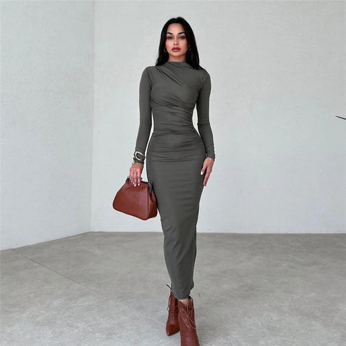 Damen figurbetontes Langarmkleid mit Raffung und elegantem Design - Image 10