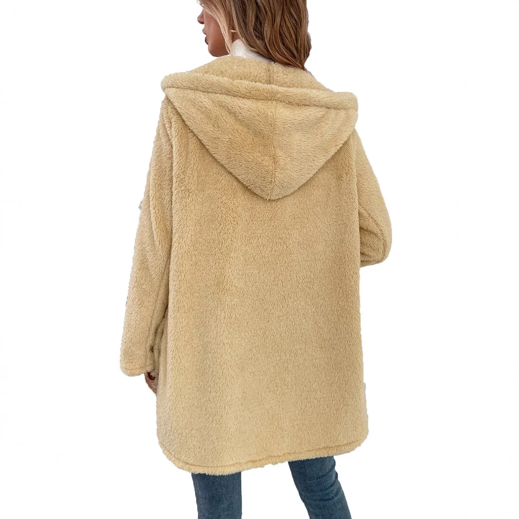 Damen flauschige Übergangsjacke mit Kapuze und Knopfverschluss - Image 4