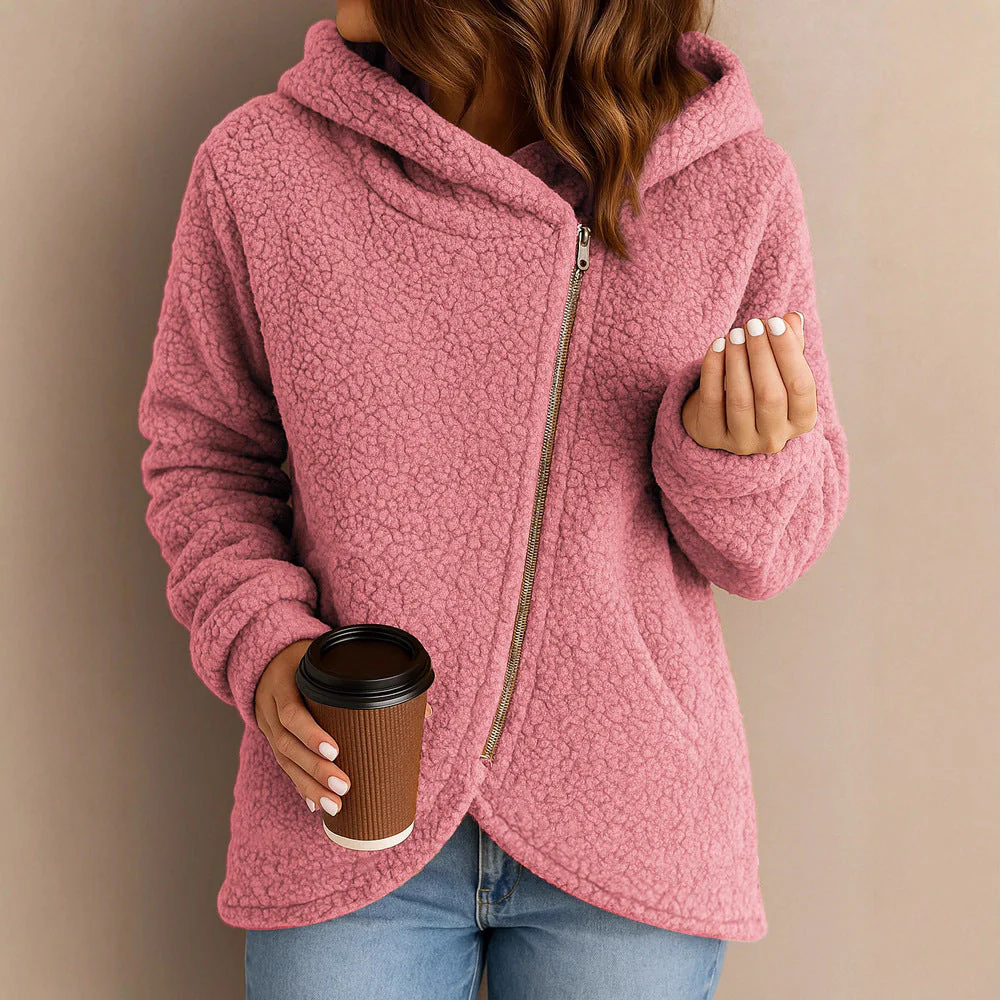 Damen Fleecejacke mit asymmetrischem Reißverschluss und Kapuze - Image 2