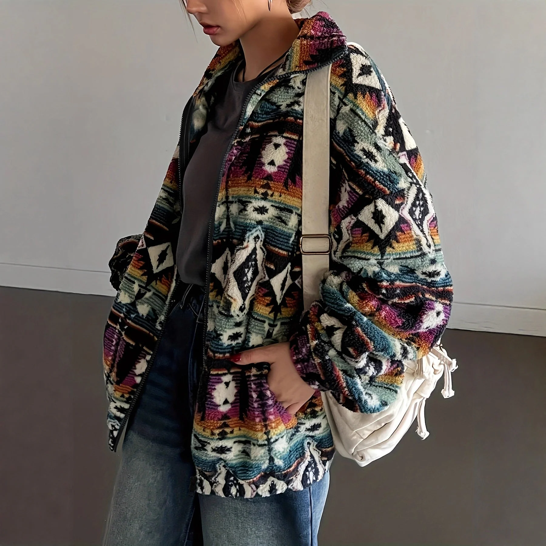 Damen Fleecejacke mit buntem Ethno-Muster und weichem Innenfutter - Image 2