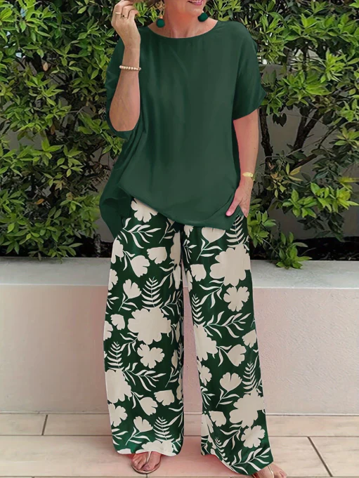 Damen Freizeit Zweiteiler mit Blumenmuster | Weite Hose