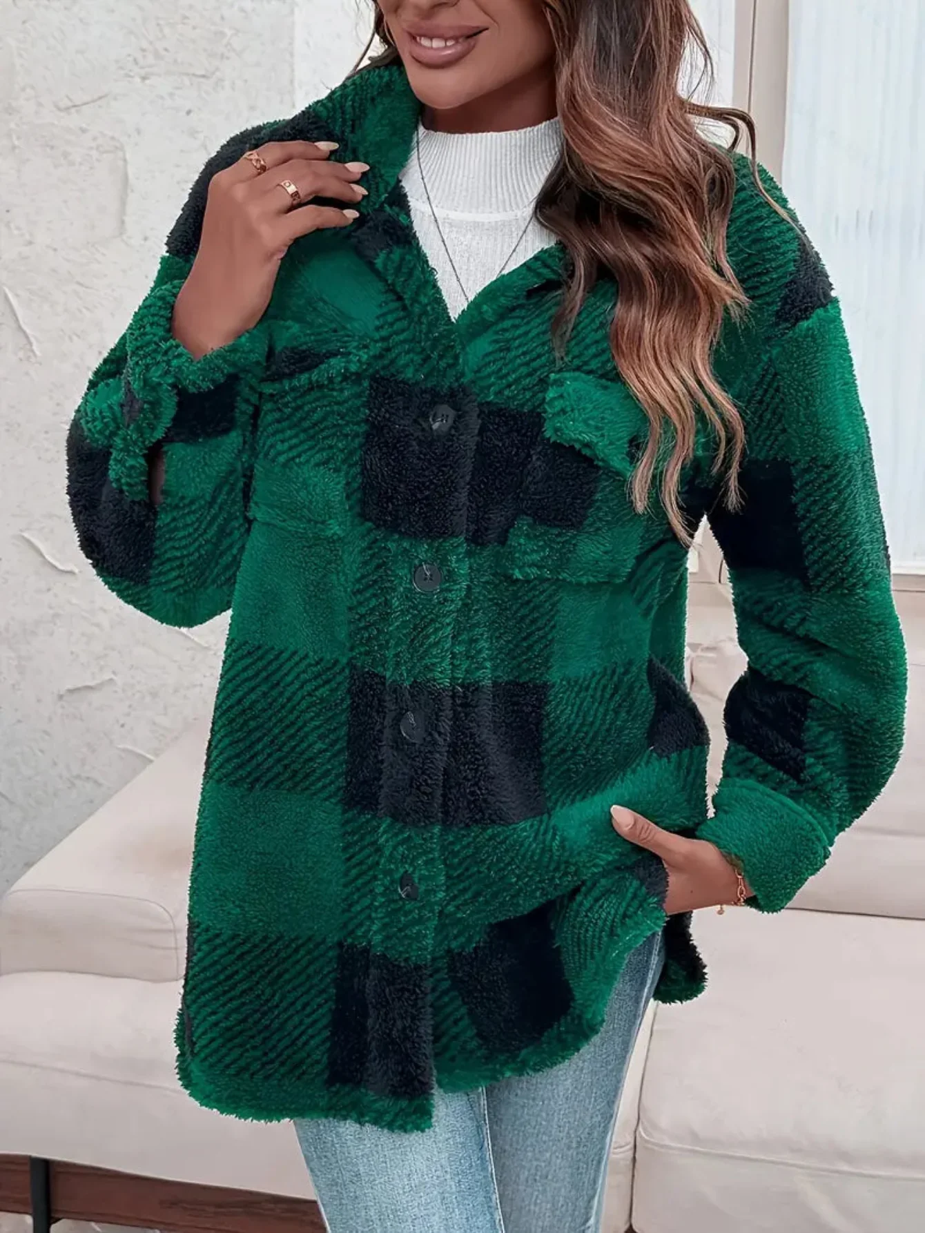 Damen-Freizeitjacke aus Fleece | Karomuster mit Knopfleiste vorne - Image 3