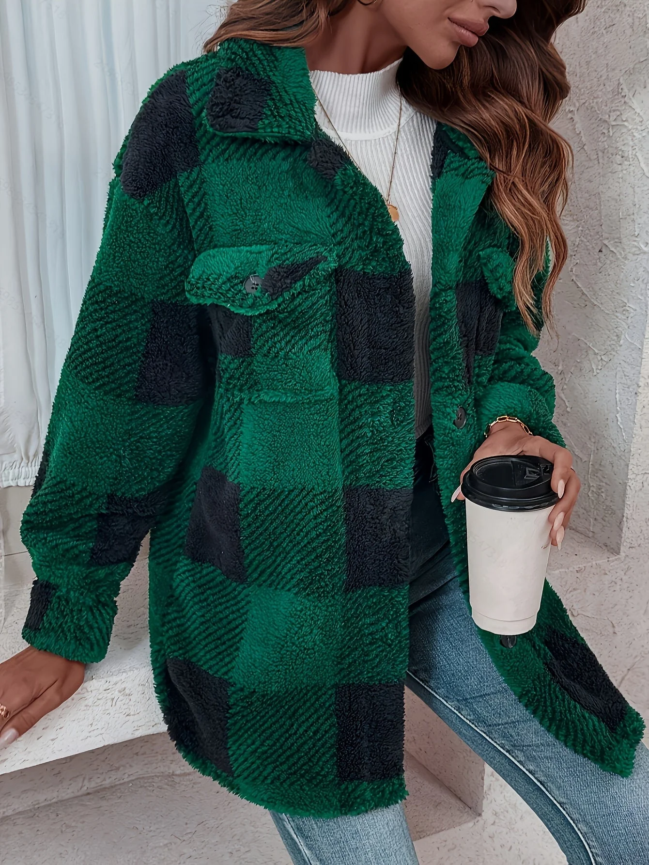 Damen-Freizeitjacke aus Fleece | Karomuster mit Knopfleiste vorne - Image 4