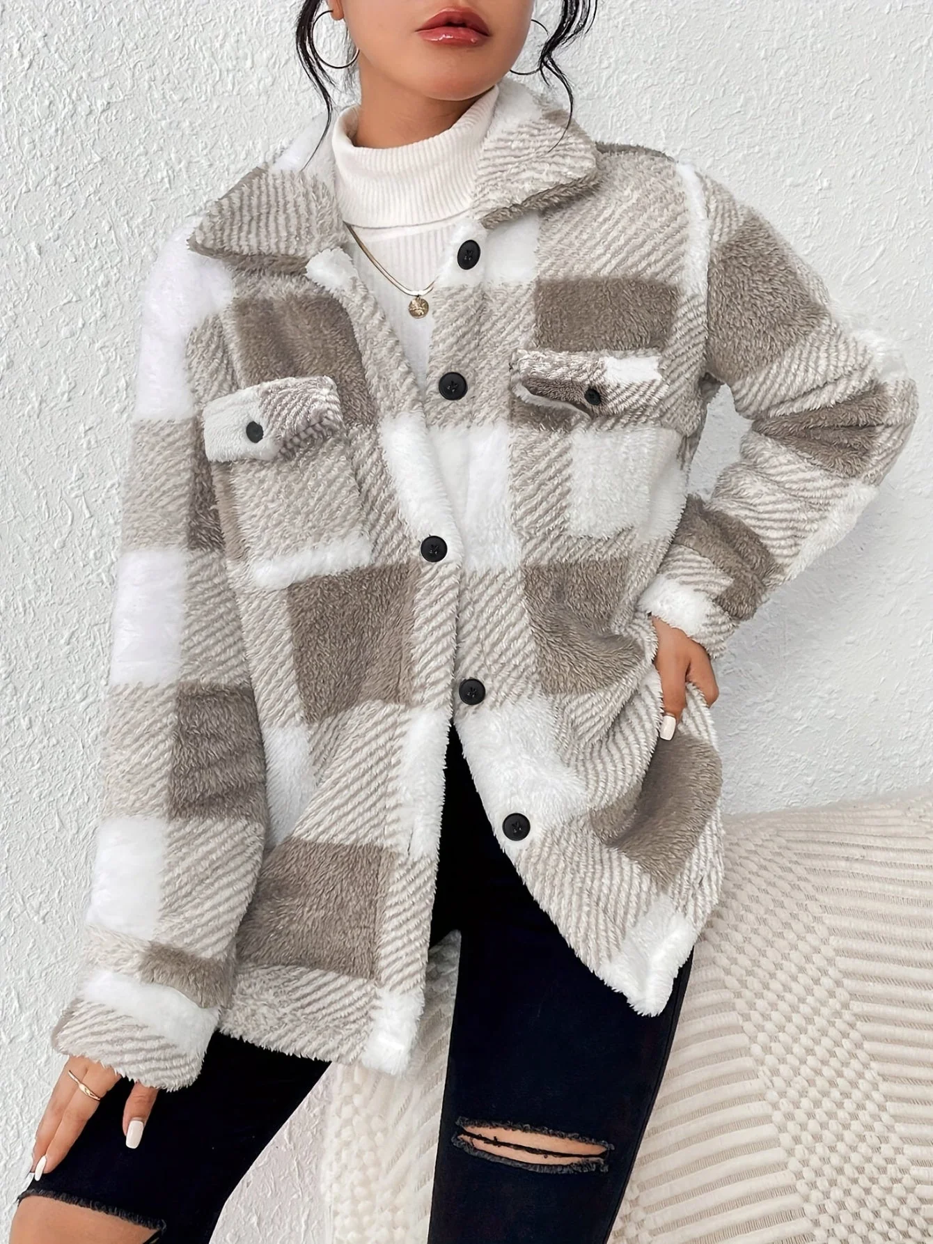 Damen-Freizeitjacke aus Fleece | Karomuster mit Knopfleiste vorne - Image 6