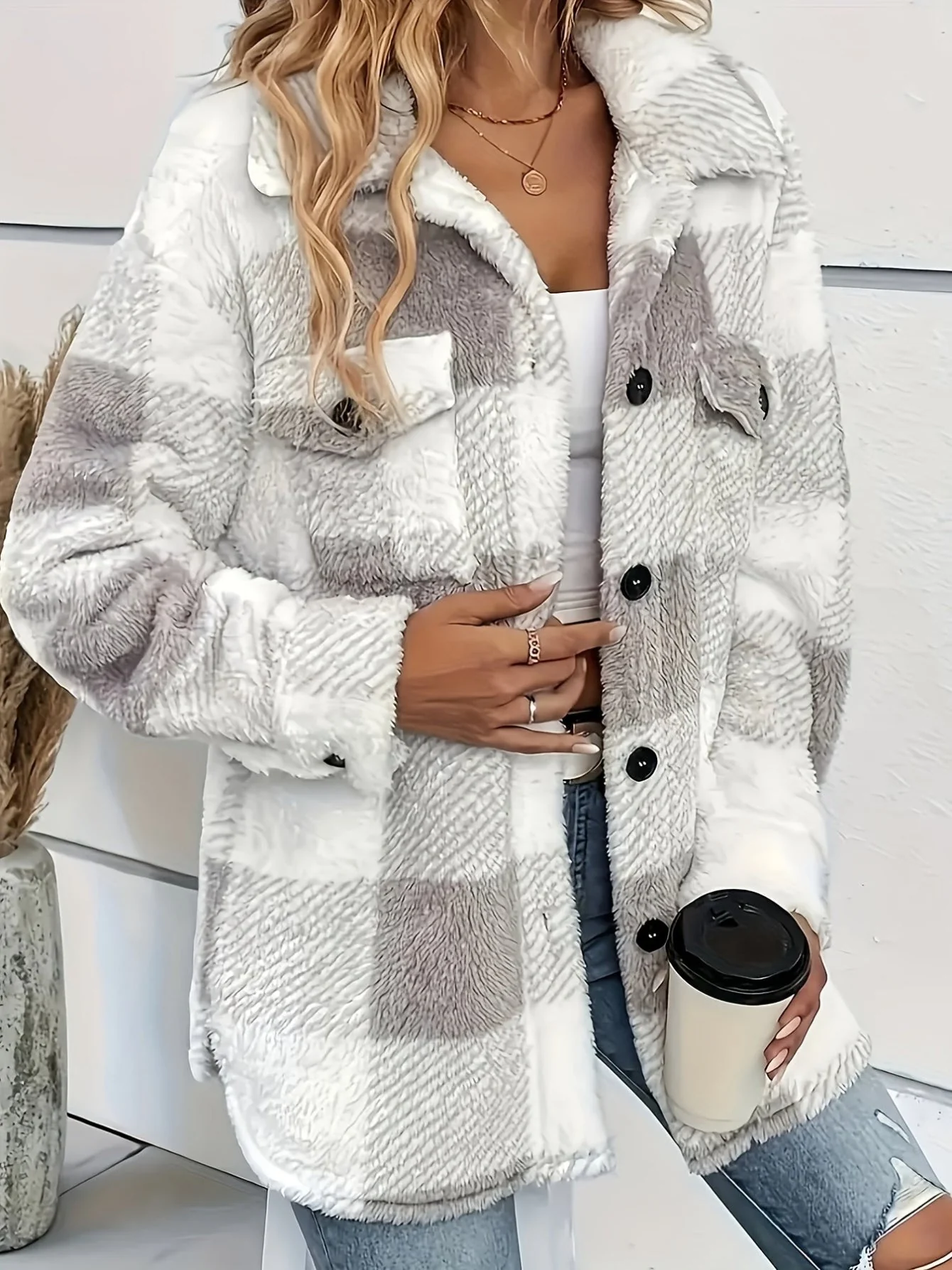 Damen-Freizeitjacke aus Fleece | Karomuster mit Knopfleiste vorne - Image 9