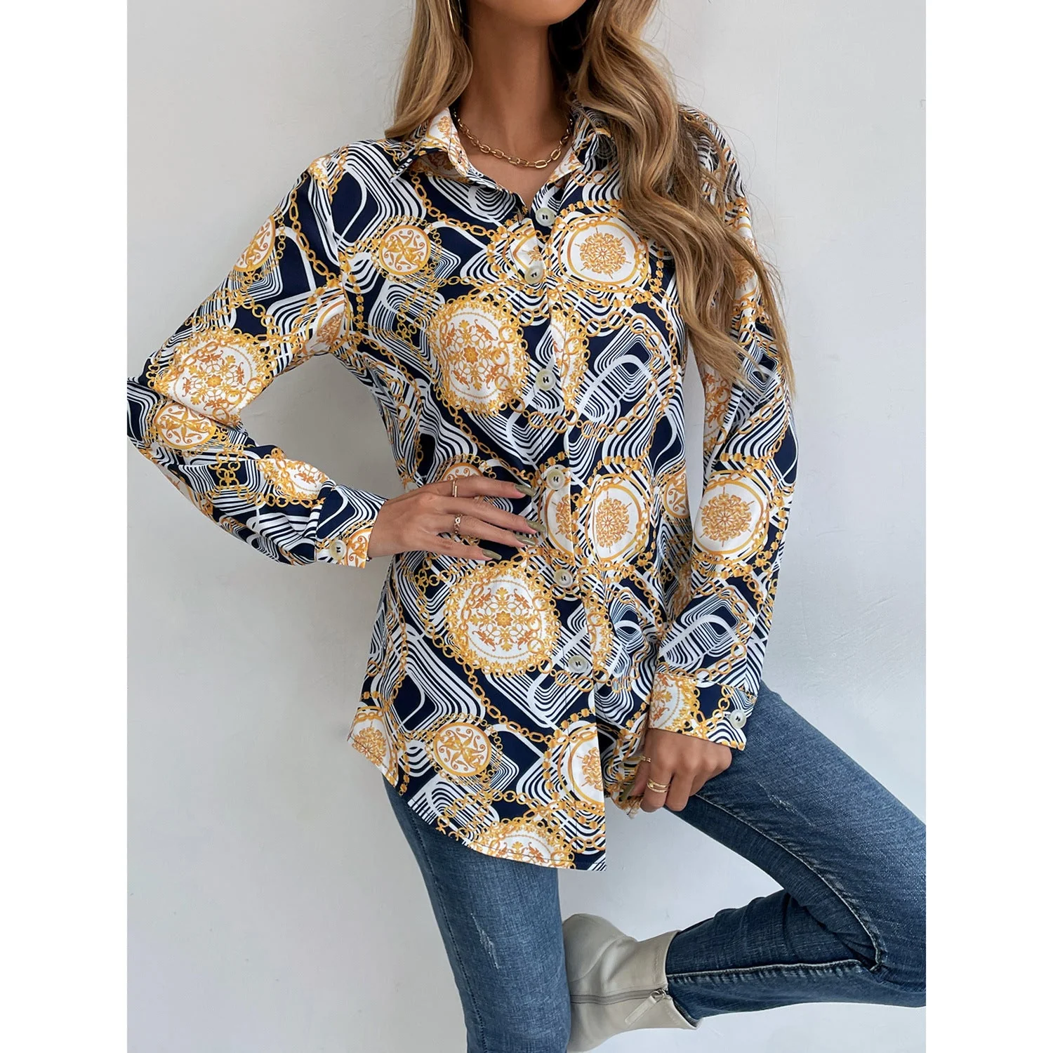 Damen geblümtes Shirt mit eleganten Langarm und knöpfbarem Kragen