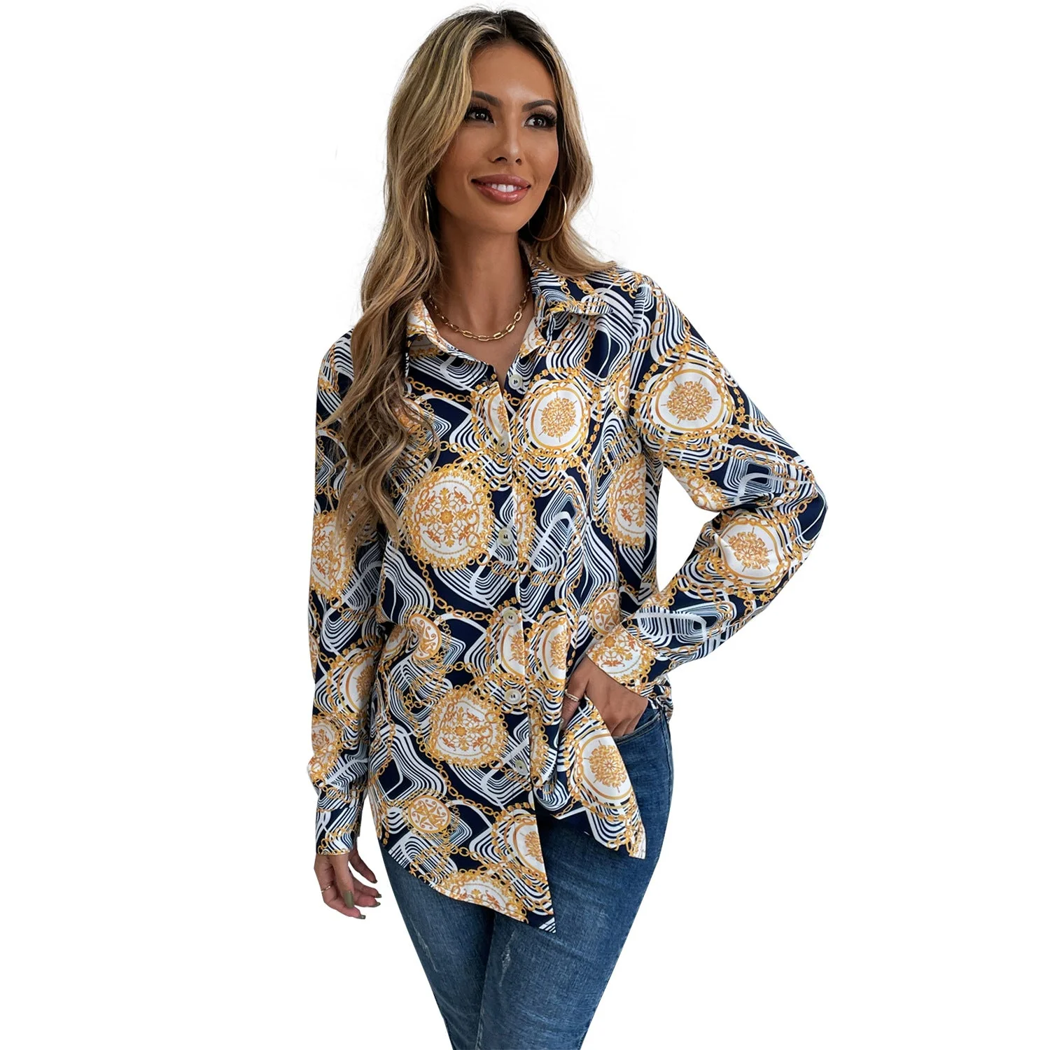 Damen geblümtes Shirt mit eleganten Langarm und knöpfbarem Kragen - Image 3