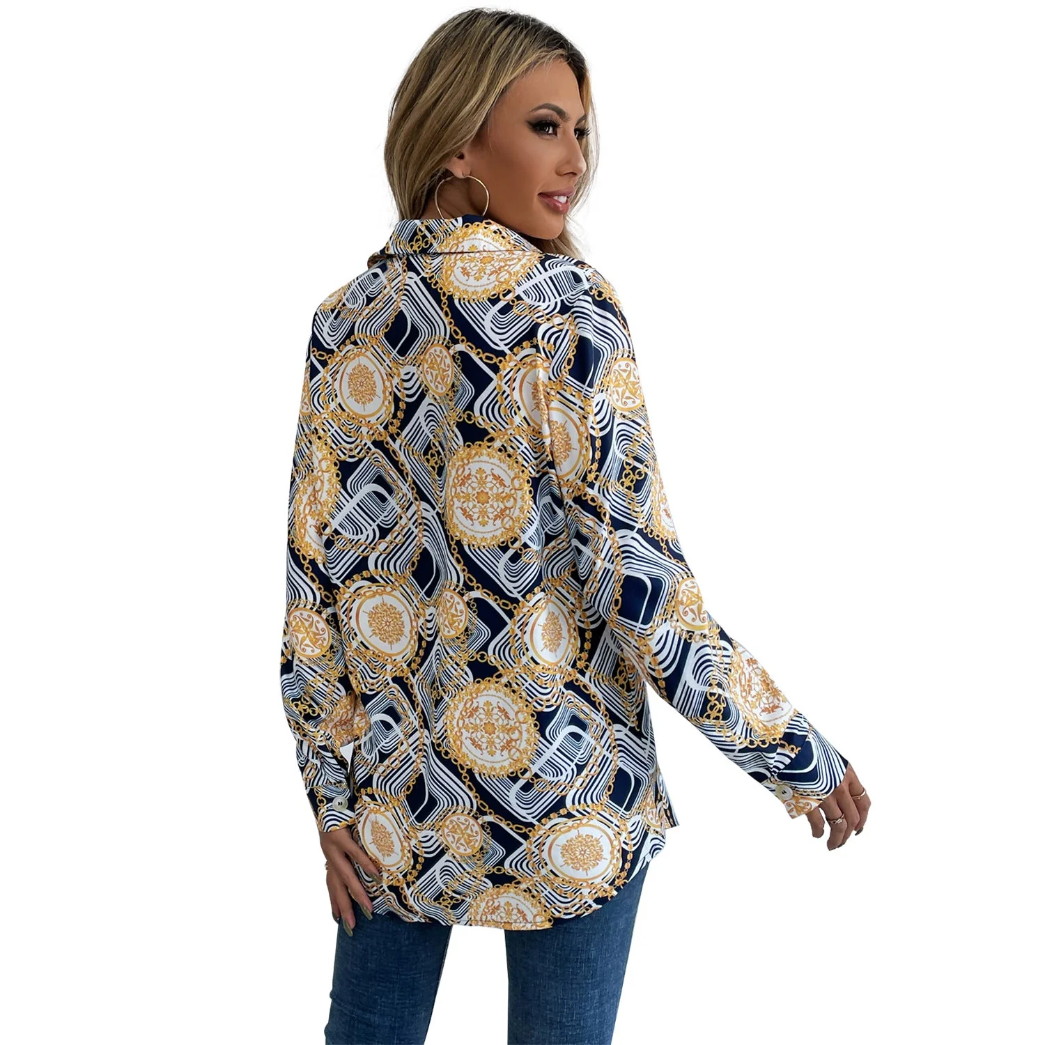 Damen geblümtes Shirt mit eleganten Langarm und knöpfbarem Kragen - Image 4