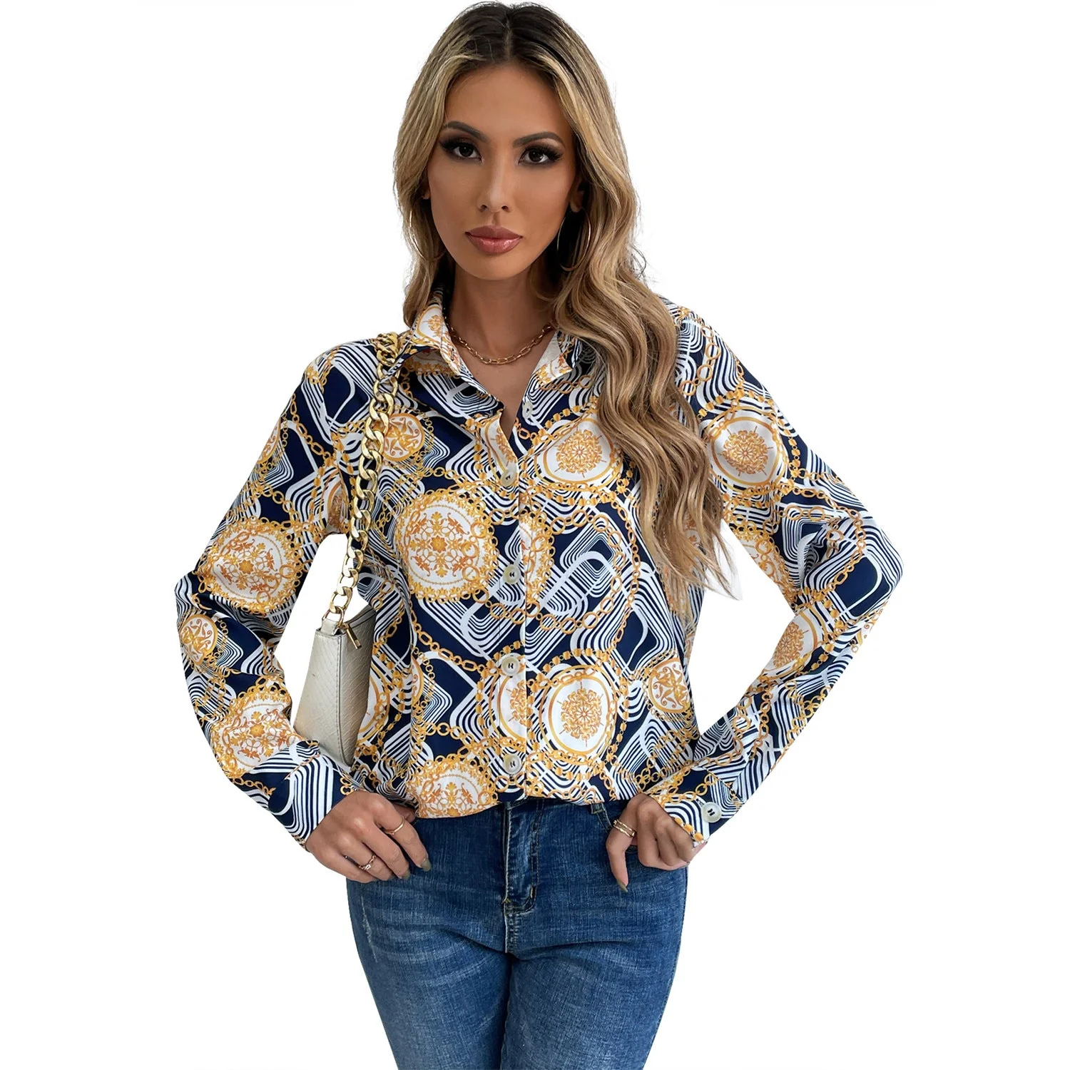 Damen geblümtes Shirt mit eleganten Langarm und knöpfbarem Kragen - Image 5