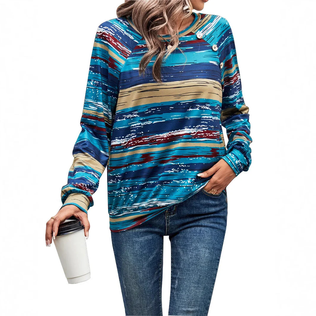 Damen gemusterter Langarm-Pullover mit kreativen Knopfdetails - Image 2