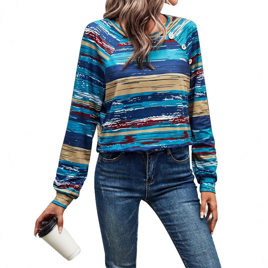 Damen gemusterter Langarm-Pullover mit kreativen Knopfdetails - Image 3