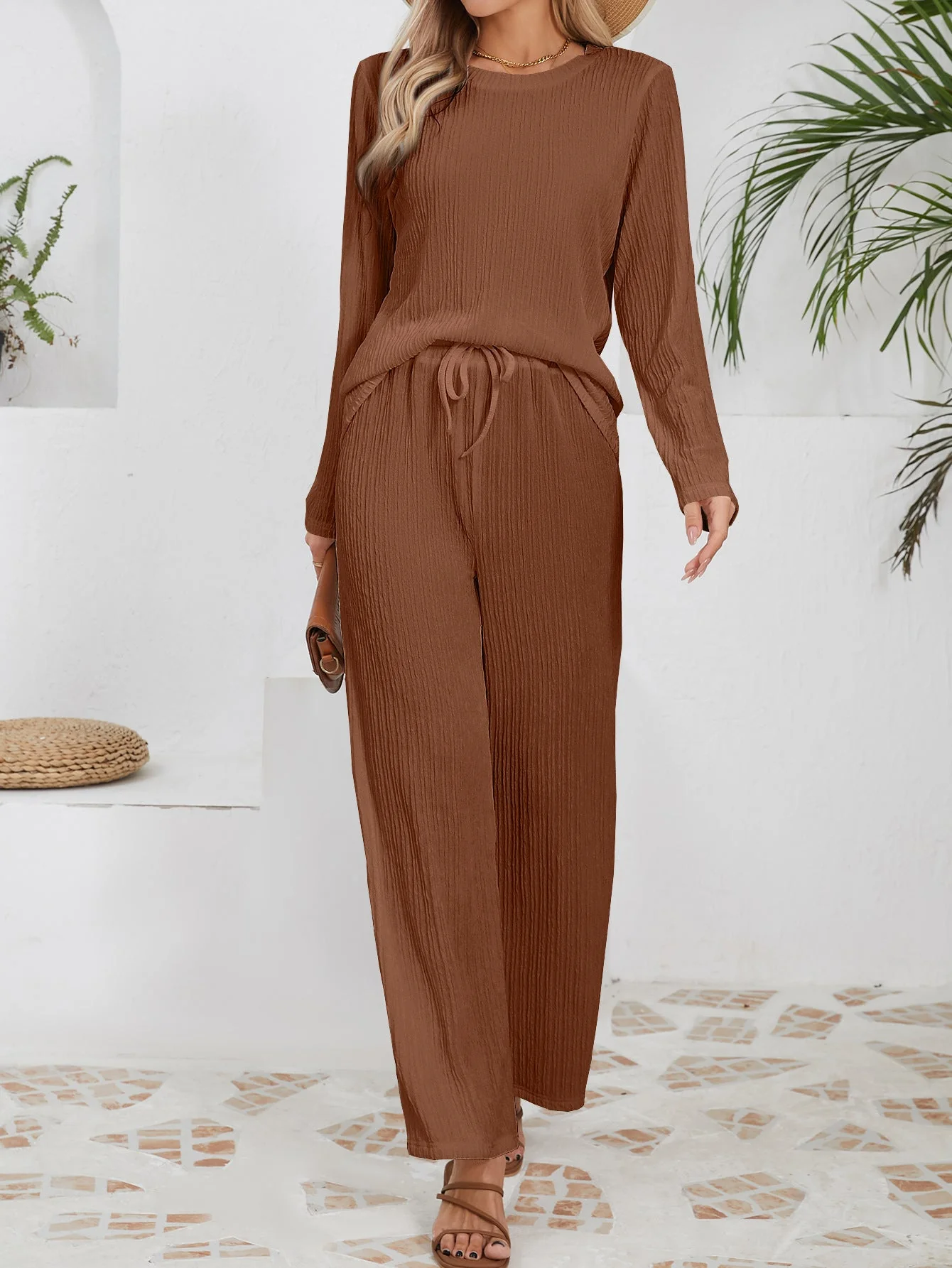 Damen Gemütliches lässiges Freizeit-Set mit Rippstruktur und elastischem Taillenbund - Image 10
