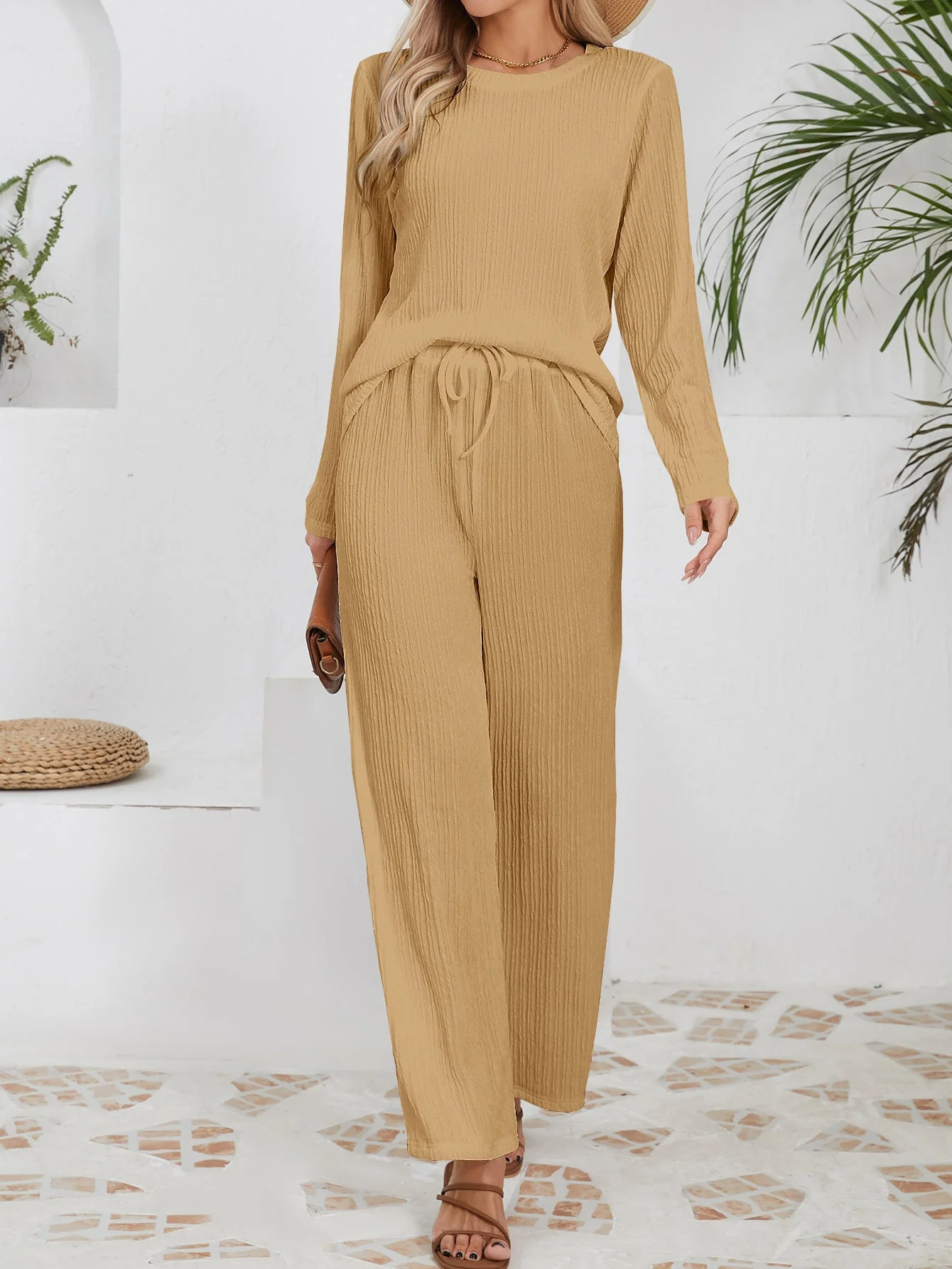 Damen Gemütliches lässiges Freizeit-Set mit Rippstruktur und elastischem Taillenbund - Image 11