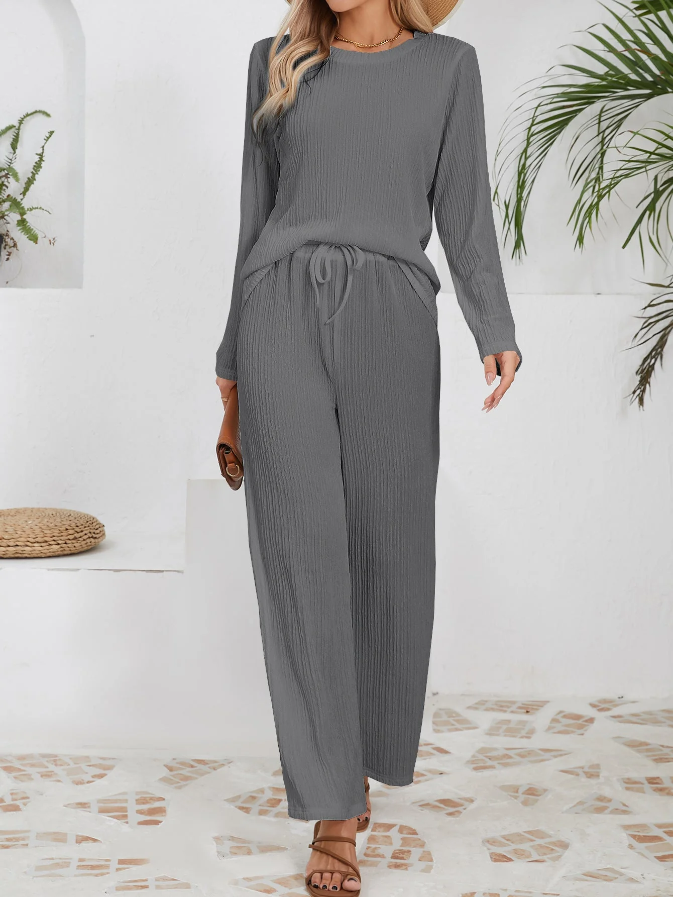 Damen Gemütliches lässiges Freizeit-Set mit Rippstruktur und elastischem Taillenbund - Image 6