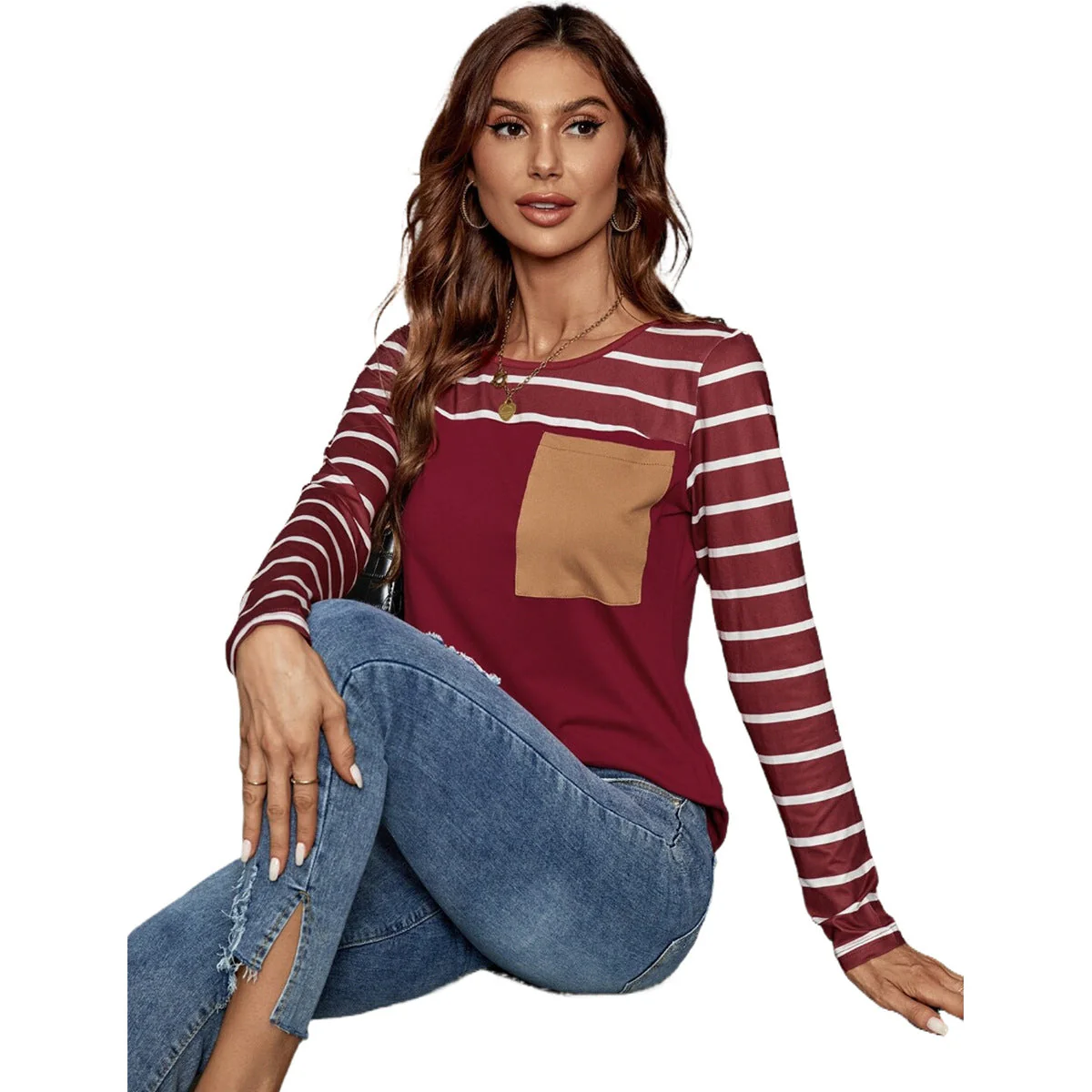 Damen gestreiftes Langarmshirt mit praktischem Brusttaschen - Image 4