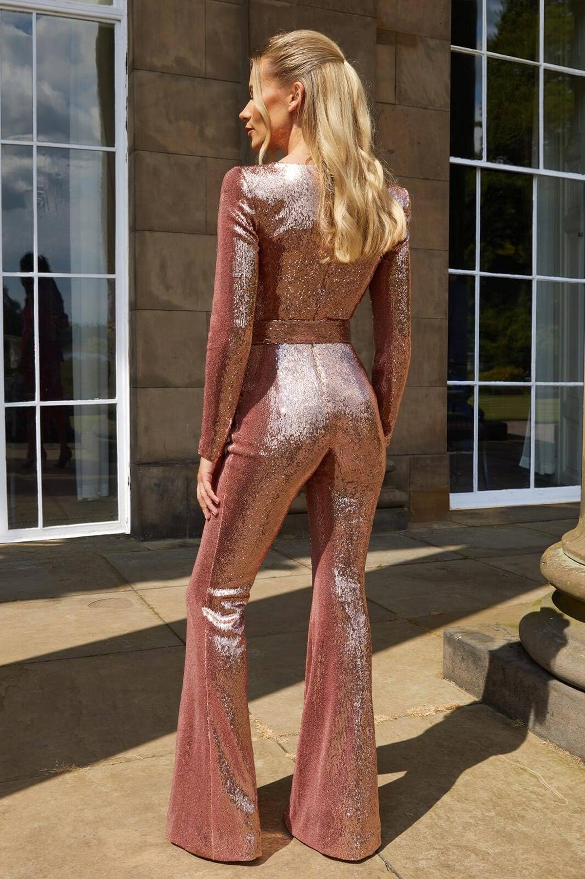Damen Glitzernder Abendjumpsuit Mit Gürtel Eleganter Look
