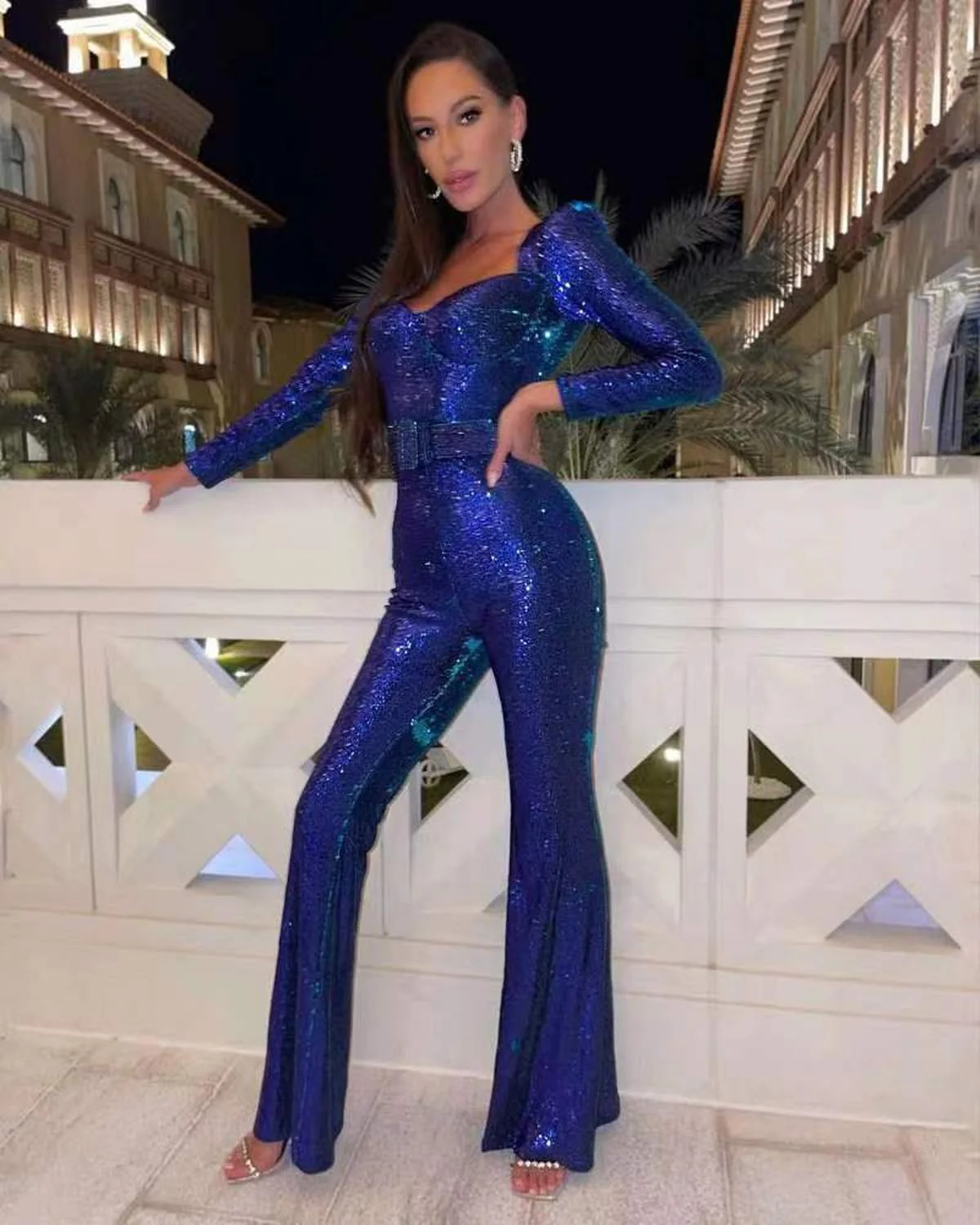 Damen Glitzernder Abendjumpsuit Mit Gürtel Eleganter Look - Image 3