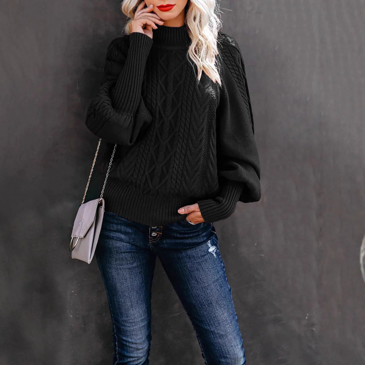 Damen Grobstrickpullover mit Stehkragen und Ballonärmeln - Image 2