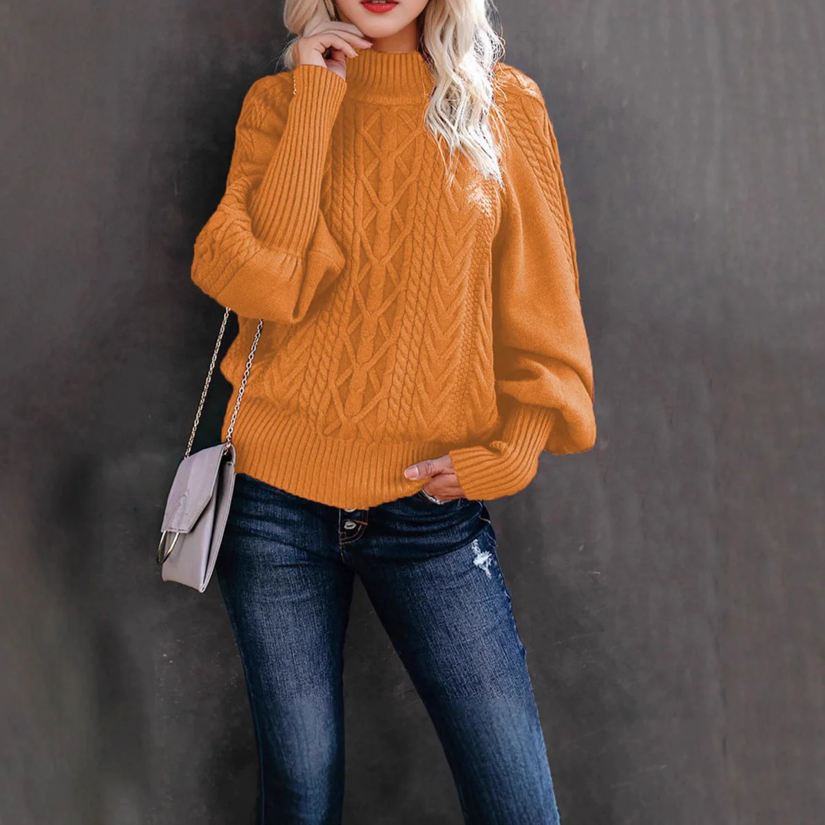 Damen Grobstrickpullover mit Stehkragen und Ballonärmeln - Image 3