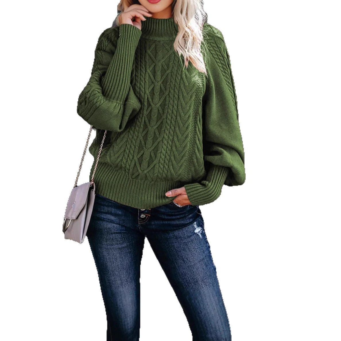 Damen Grobstrickpullover mit Stehkragen und Ballonärmeln - Image 4
