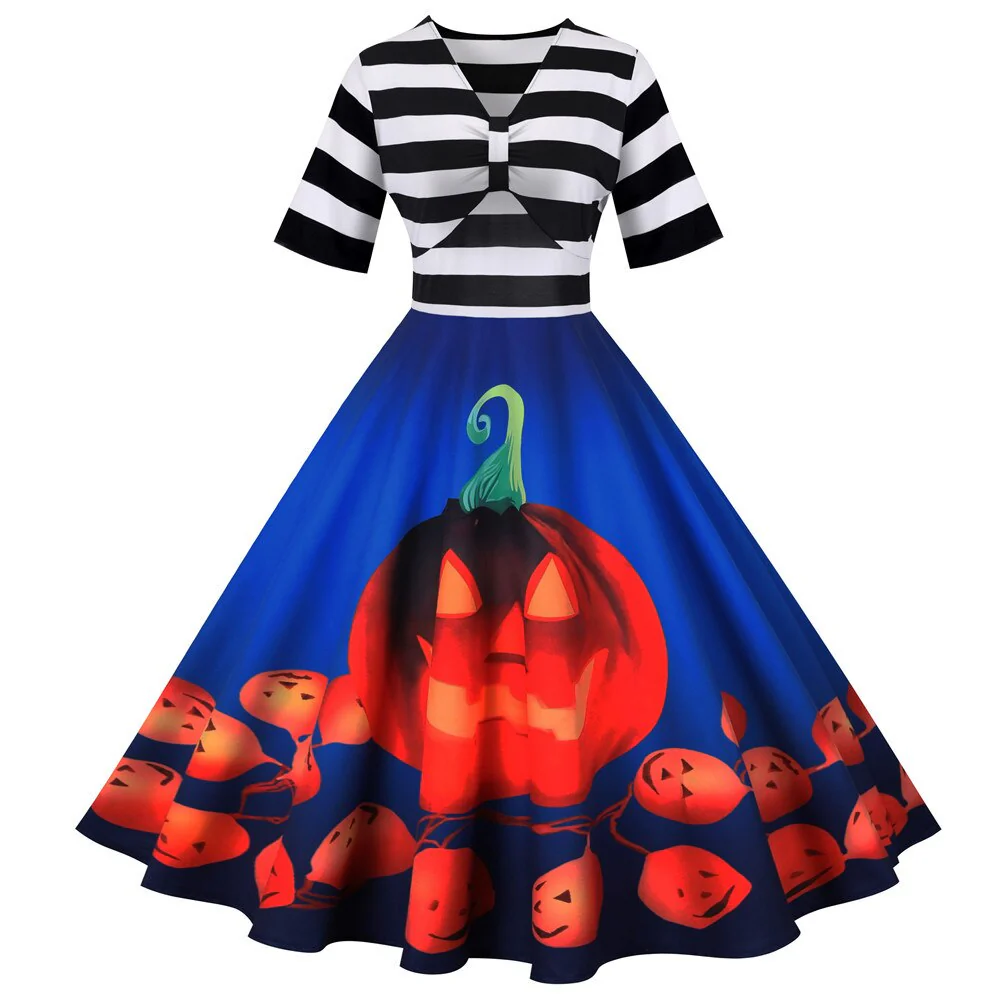 Damen Halloween-Kleid mit Kürbis-Print | Gestreiftes Oberteil & Midi-Länge - Image 2