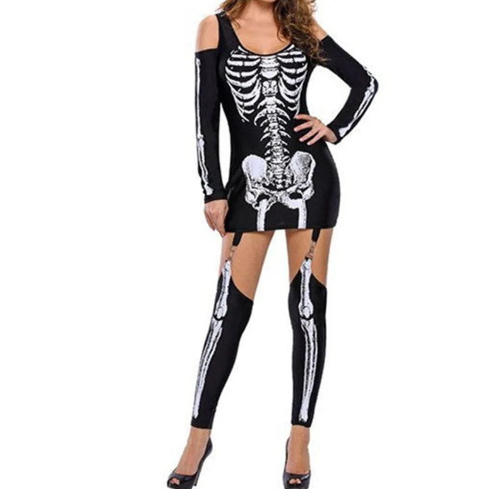 Damen Halloween-Kostüm Set | Schulterfrei & Mit Knochenprint - Image 4