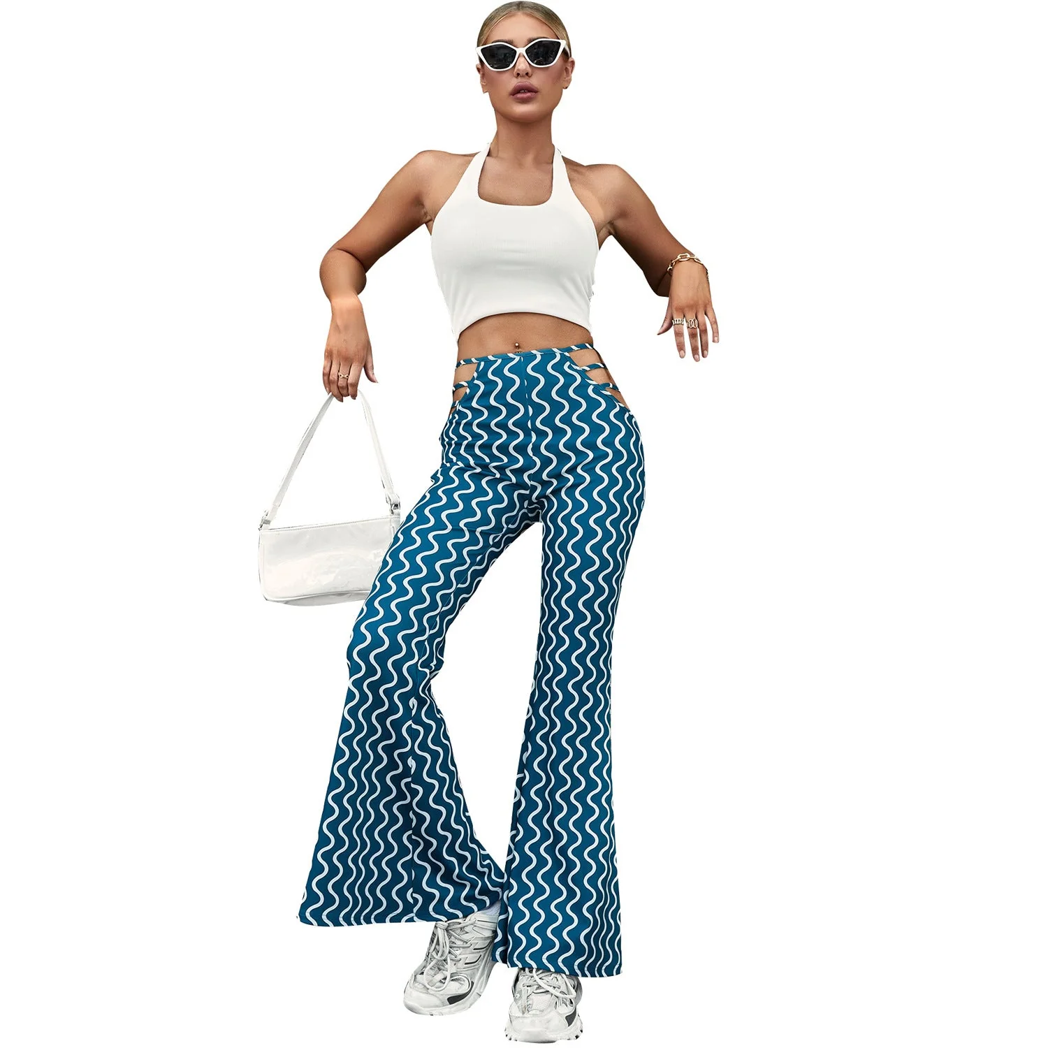 Damen High-Waist Schlaghose mit dekorativen Schnürdetails und Wellenmuster - Image 3