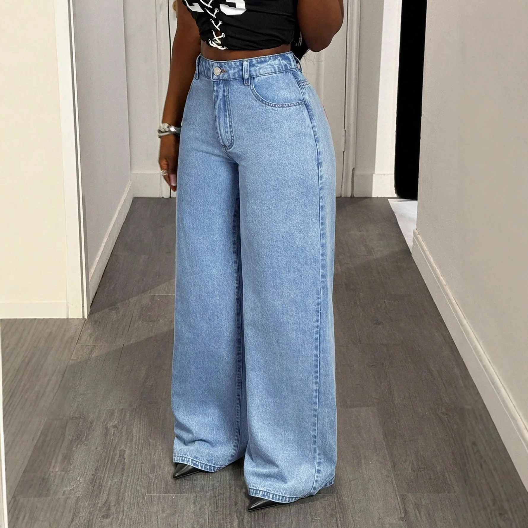 Damen High-Waist Wide-Leg Jeans mit statement Print - Image 3
