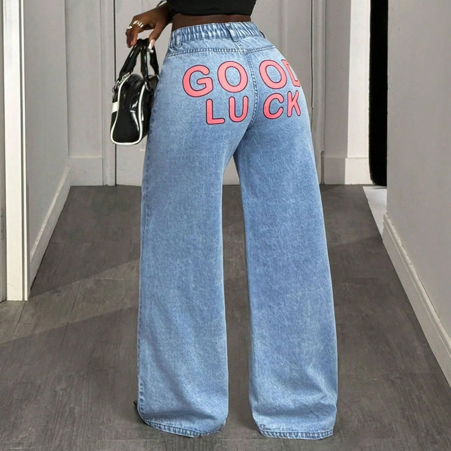Damen High-Waist Wide-Leg Jeans mit statement Print - Image 5