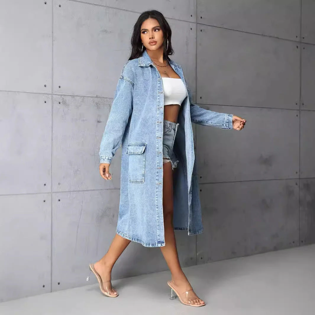 Damen Jeansjacke im長 Belichtungs-Vintage-Stil mit praktischen Taschen und Knopfleiste