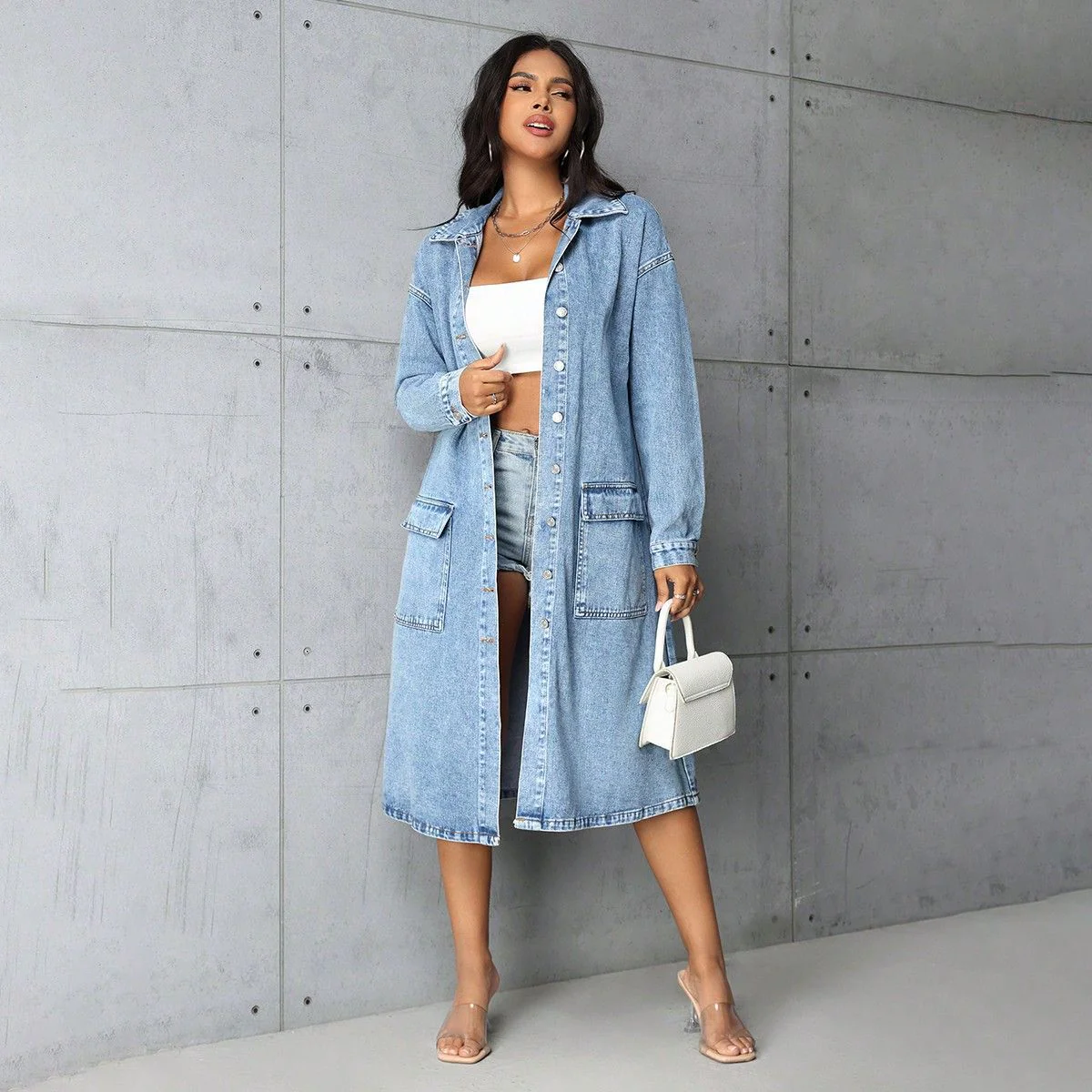 Damen Jeansjacke im長 Belichtungs-Vintage-Stil mit praktischen Taschen und Knopfleiste - Image 2