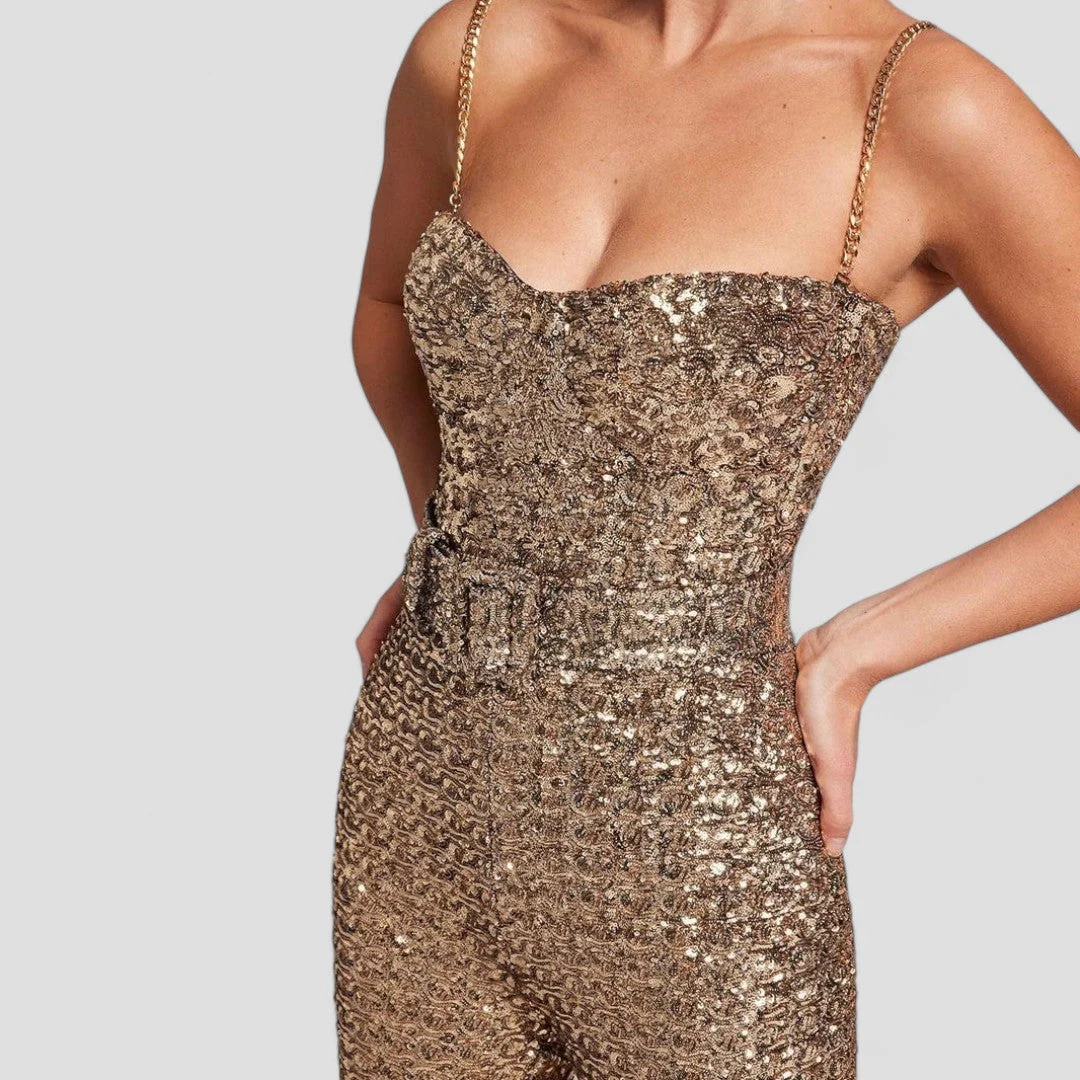 Damen Jumpsuit mit Pailletten, taillierter Schnitt und ausgestelltem Bein für festliche Anlässe - Image 4
